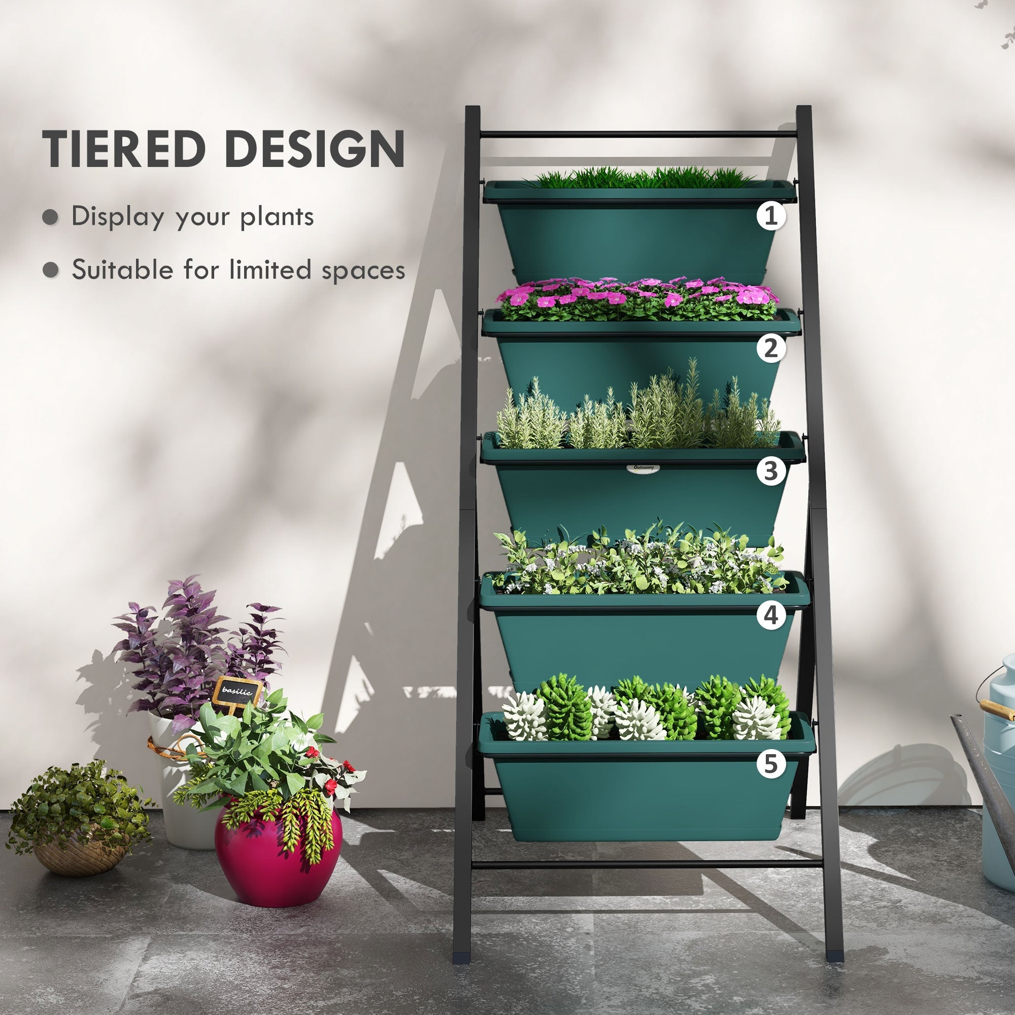 Outsunny 5-Tier Vertical Garden Planter Outdoor Plant Stand with 5 Container Boxes for Vegetables Flowers Green