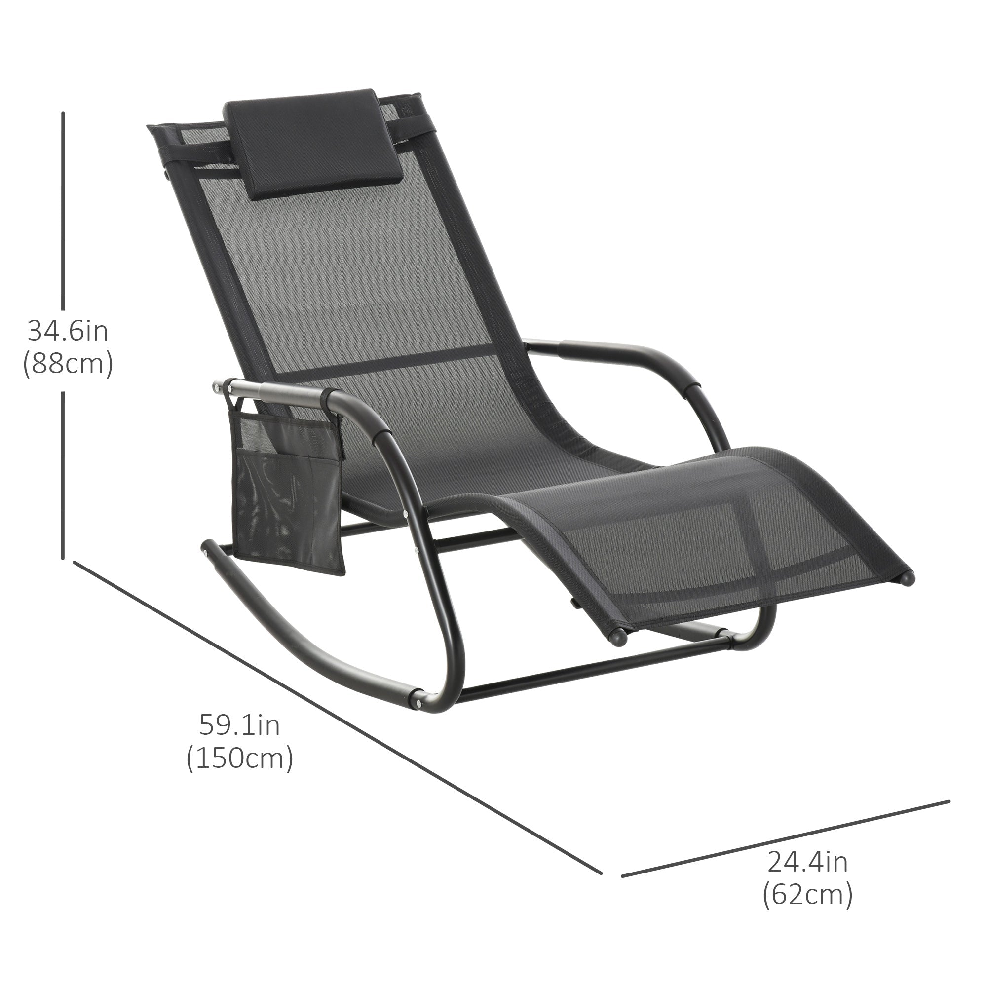 Outsunny Outdoor Rocking Recliner Sling Sun Lounger with Removable Headrest and Side Pocket for Garden Patio Deck Black