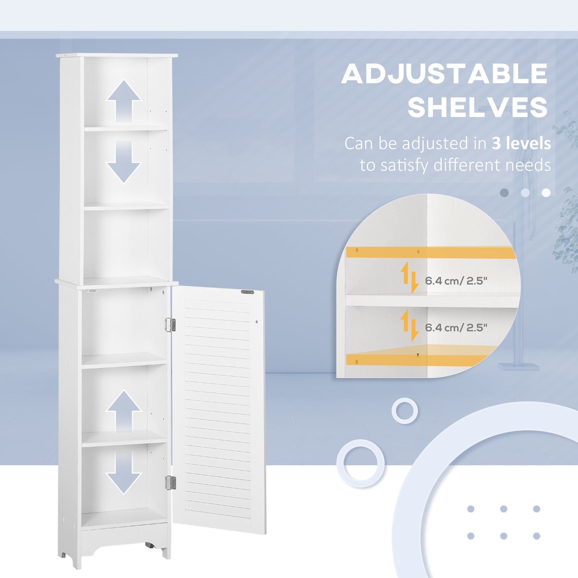 HOMCOM Linen Tower: Tall Bathroom Storage Cabinet, Freestanding 3-Tier Shelf Cupboard, White Adjustable