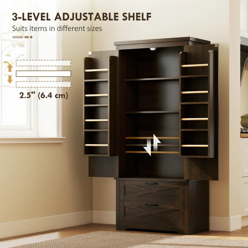 64" Farmhouse Kitchen Pantry Storage Cabinet, two 4-tier door shelves for spice bottles with 2 Drawers, Adjustable Shelf, Distressed Dark Brown