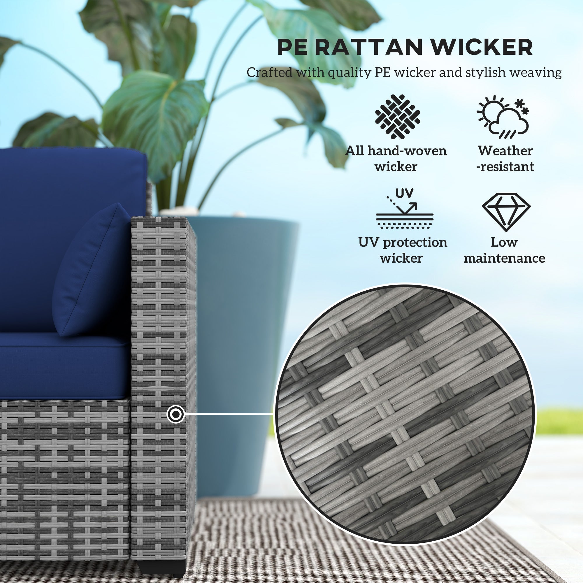 Outsunny 3-Seater Outdoor Sofa with Cushions, PE Rattan Conversation Patio Couch with Pillows for Garden, Poolside, Dark Blue