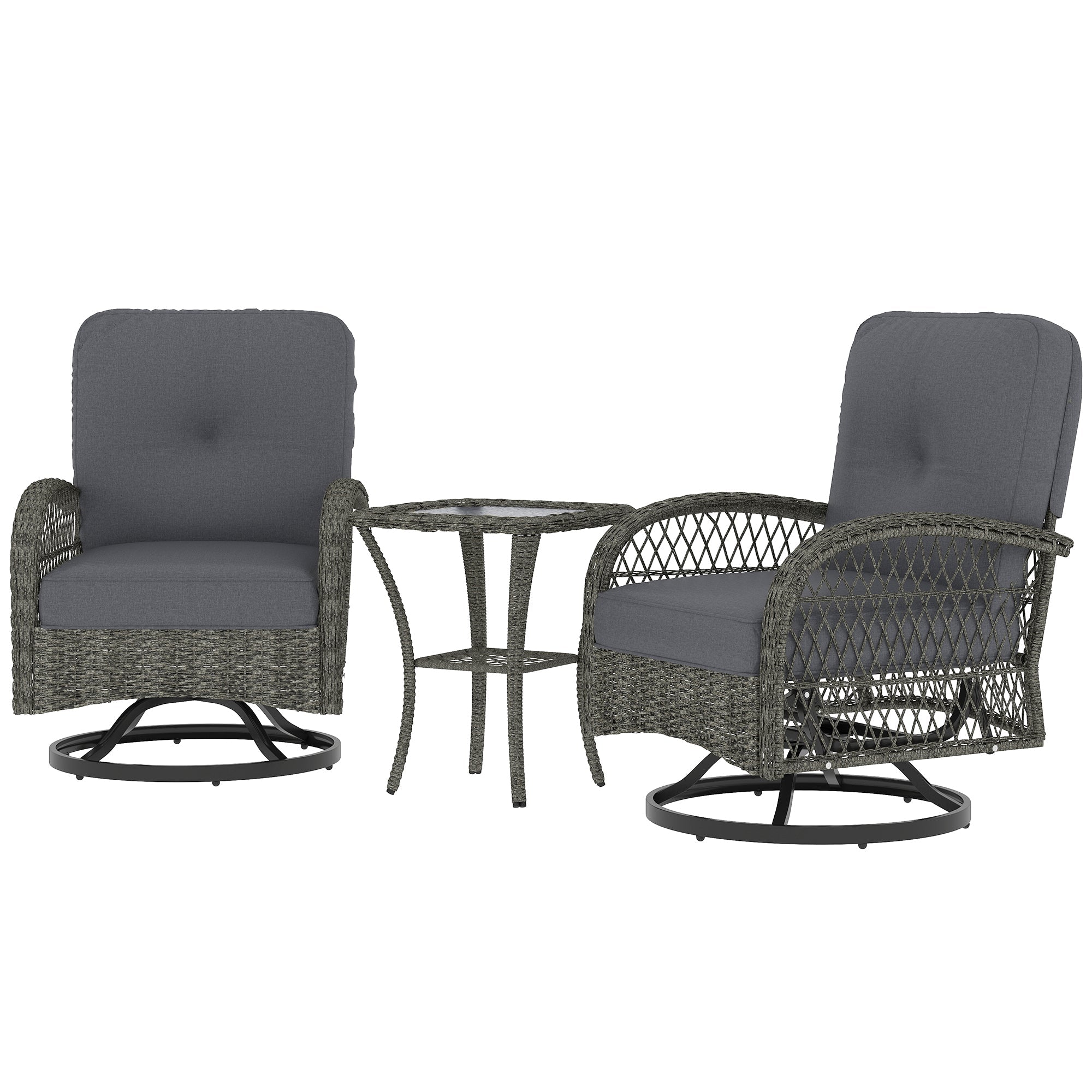 Outsunny Wicker Balcony Furniture with 2 Swivel Glider Chairs and 2-Tier Glass Coffee Table, 3 Piece Patio Set for Porch, Grey