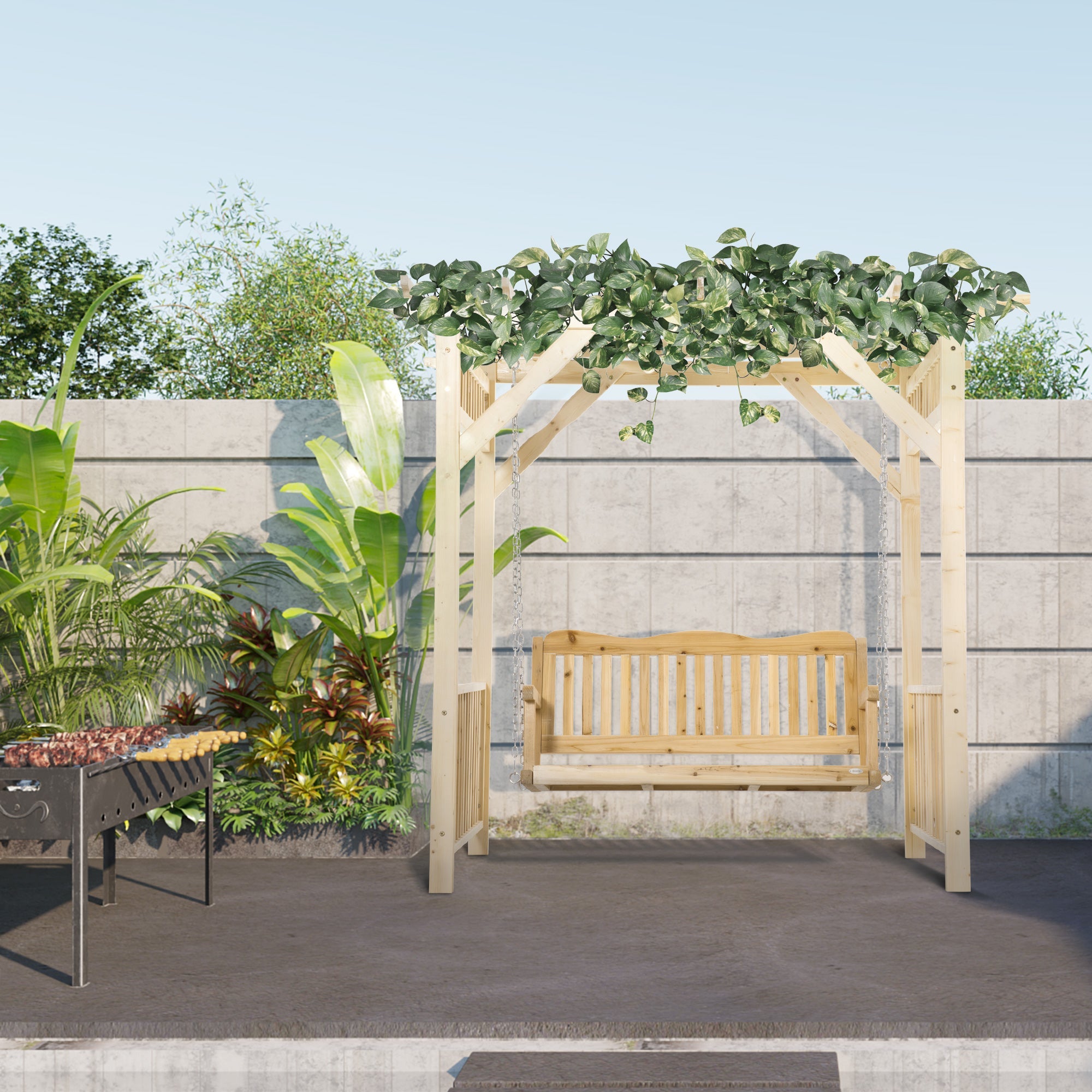 Outsunny Patio Swing Chair with Pergola, 2-Person Wooden Gazebo Swing Bench Sun Shelter for Garden, Poolside, Backyard, Deck