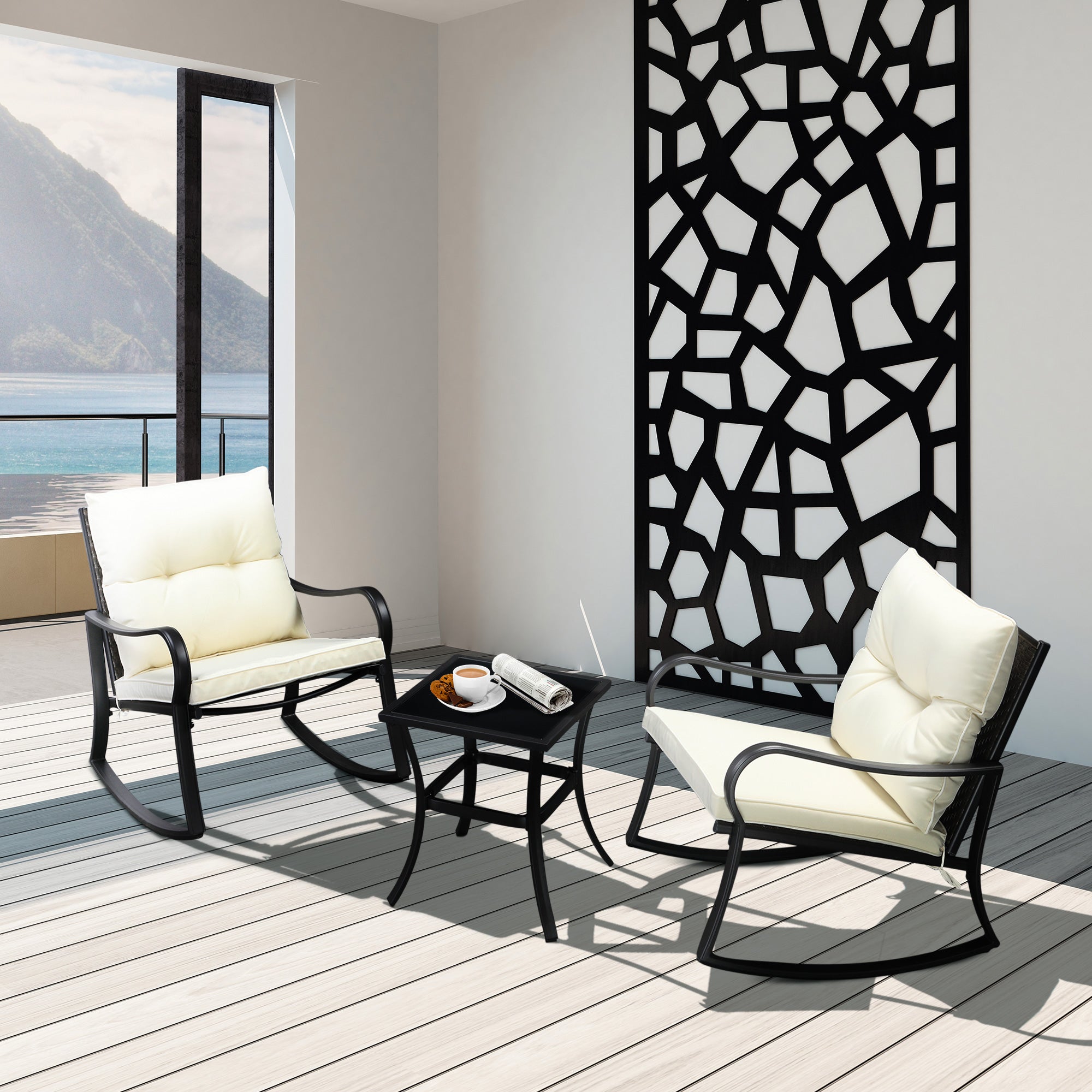 Outsunny Rocking Chairs Table Set 3PC Outdoor Furniture 2 Rockers 1 Coffee Table Cream White