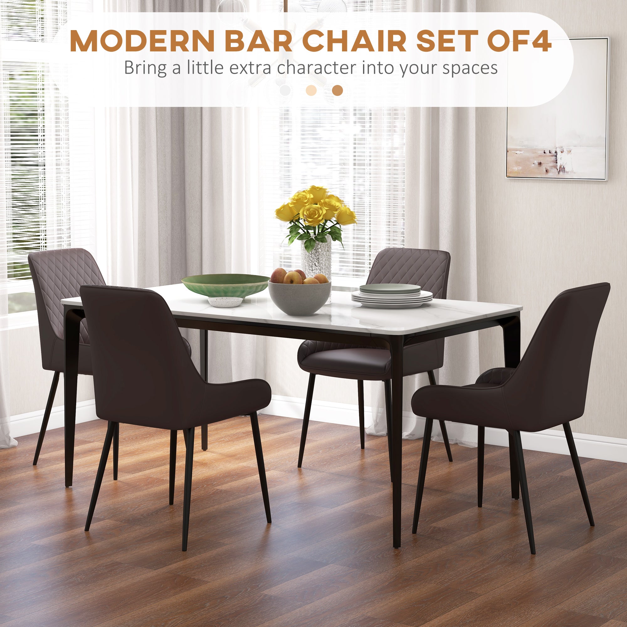 HOMCOM Contemporary Dining Chairs Set of 4 Brown PU Leather Metal Legs for Dining Room Living Area