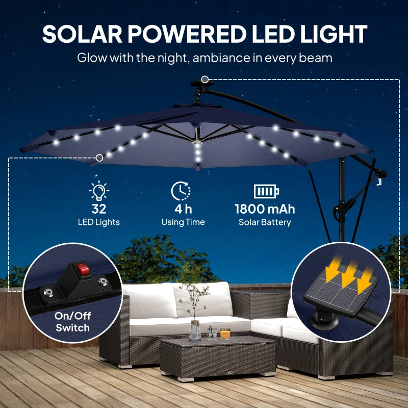 9.7ft Solar LED Cantilever Patio Umbrella with 32 LED Lights, Cross Base, Crank Handle, for Poolside, Deck, Dark Blue