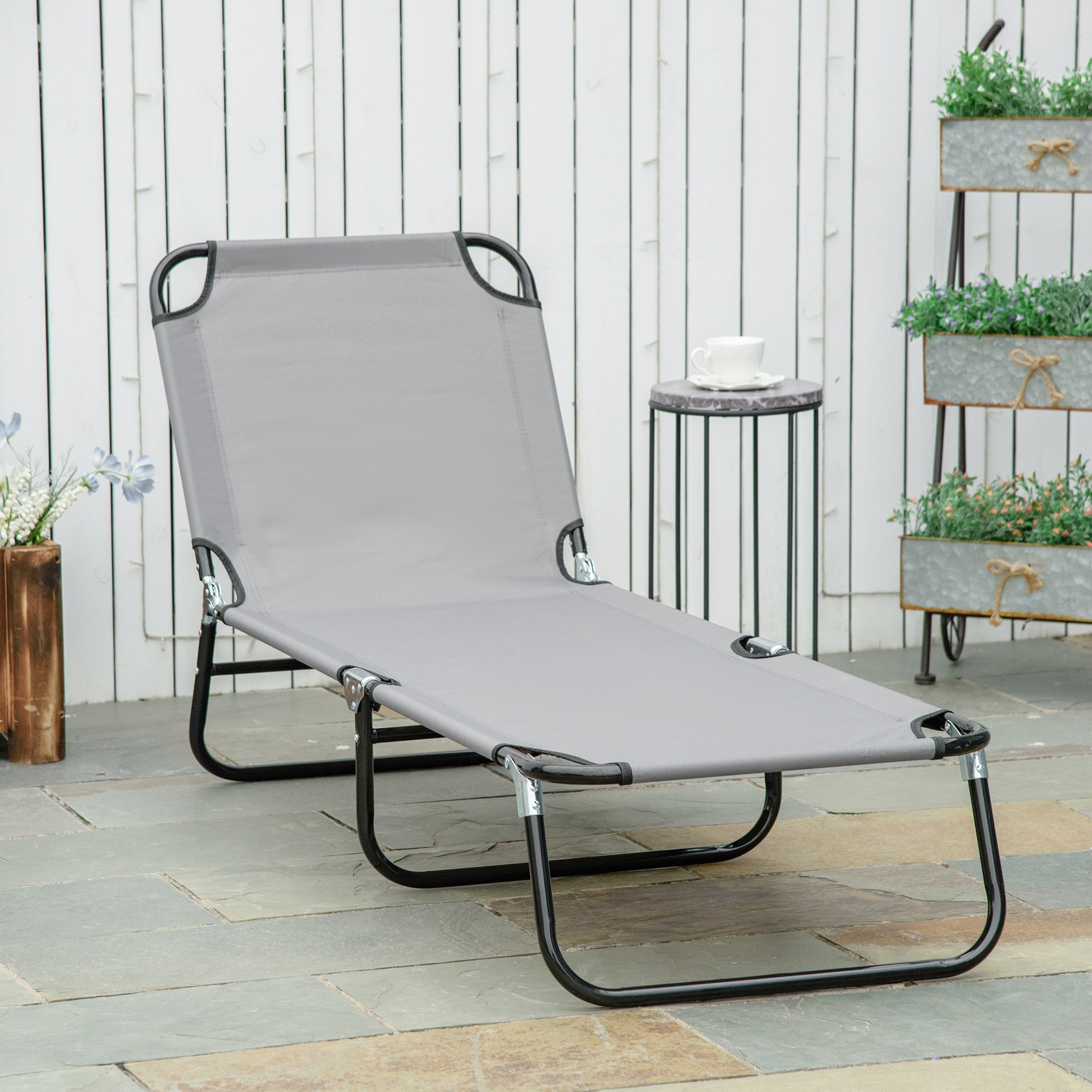 Outsunny Folding Lounge Chair Outdoor Steel Mesh Tanning Recliner with Adjustable Back for Beach Yard Patio Grey