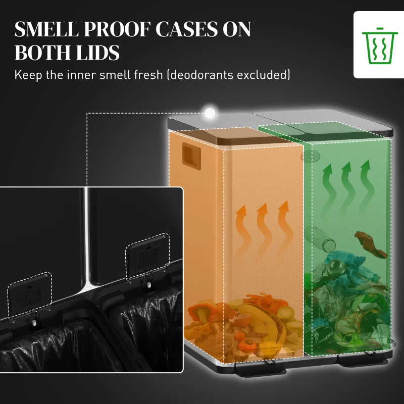 Dual Garbage Bin, Soft-Close Trash Can with Foot Pedal, 2 x 20 Liter Garbage Can with Removable Inner Buckets, Silver