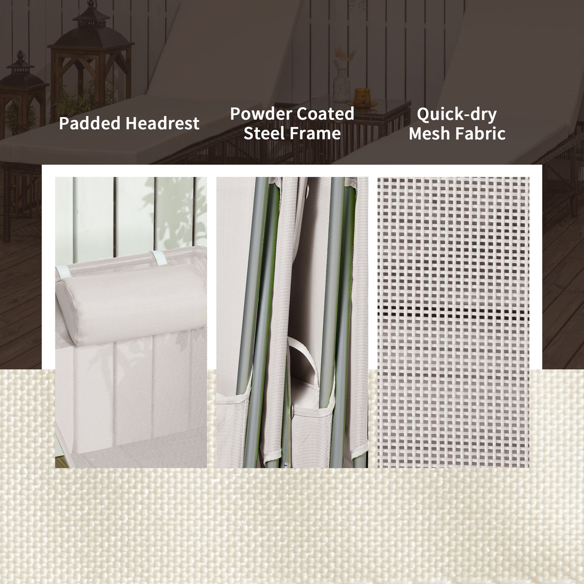 Outsunny Set of 2 Folding Chaise Lounge Chairs, Outdoor Poolside Sun Tanning Chairs w/ Pillow, Reclining Backrest, Cream White