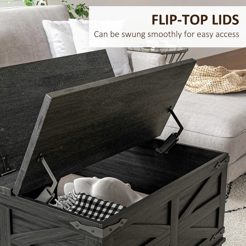 Farmhouse Coffee Table, Square Center Table with Flip-top Lids, Hidden Storage Compartment, Black