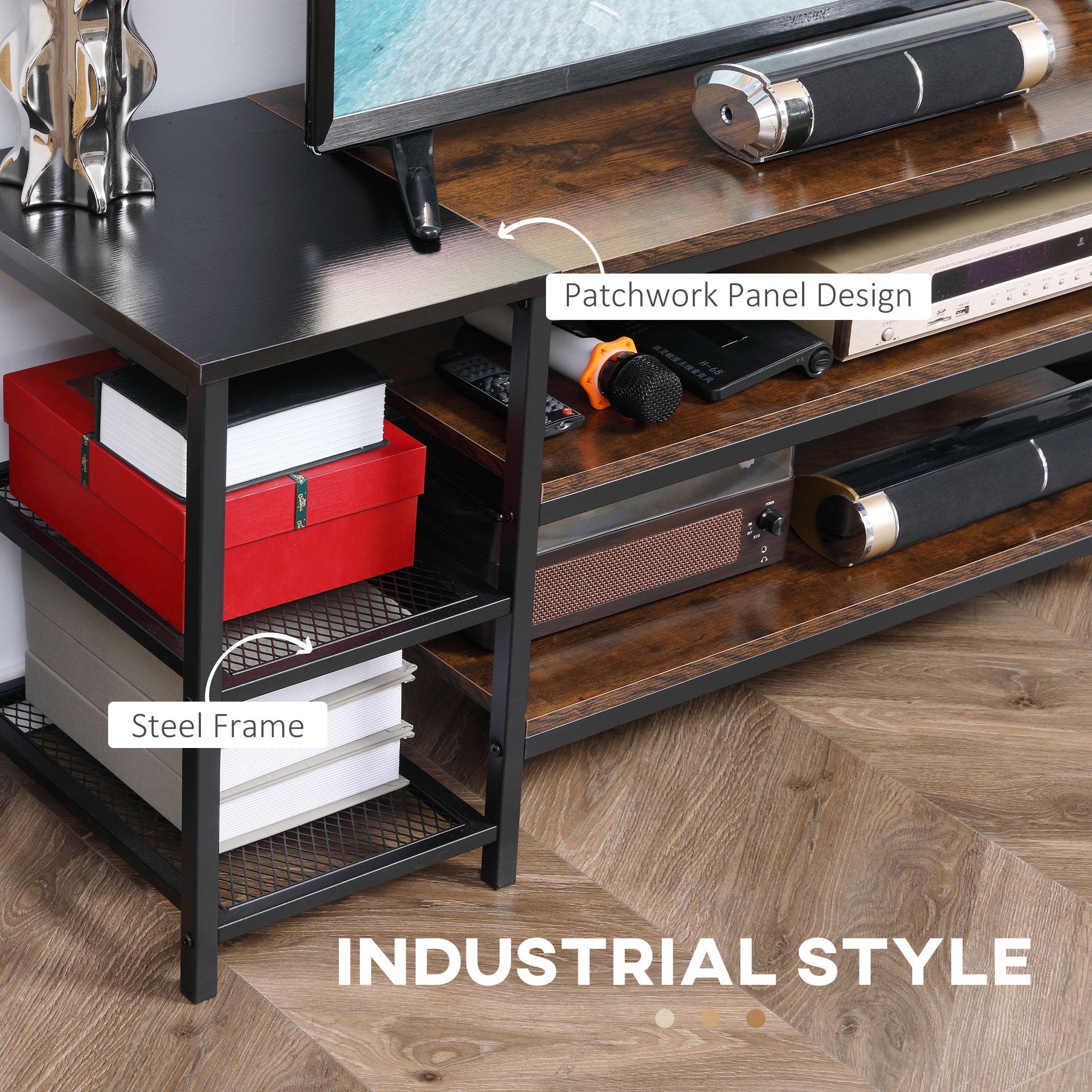HOMCOM Industrial Chic: Open Shelf TV Stand for 65" TVs, Steel Frame Media Console with Rustic Brown Finish