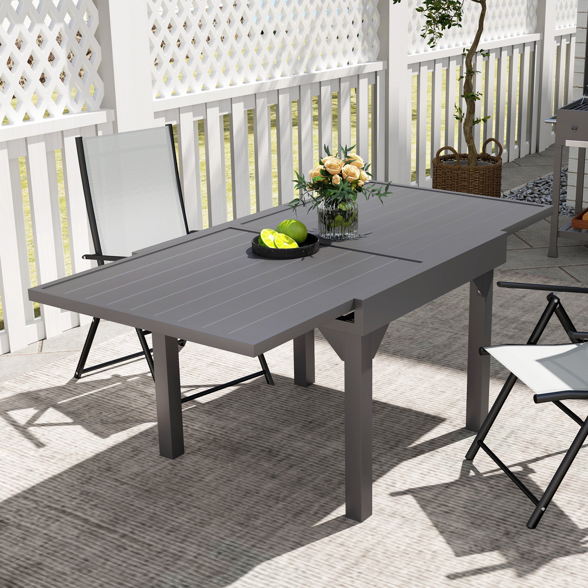 Outsunny 35"-71"  Extendable Aluminium Outdoor Dining Table, Slatted Top Patio Table for 4-6 Person, for Garden, Backyard, Grey