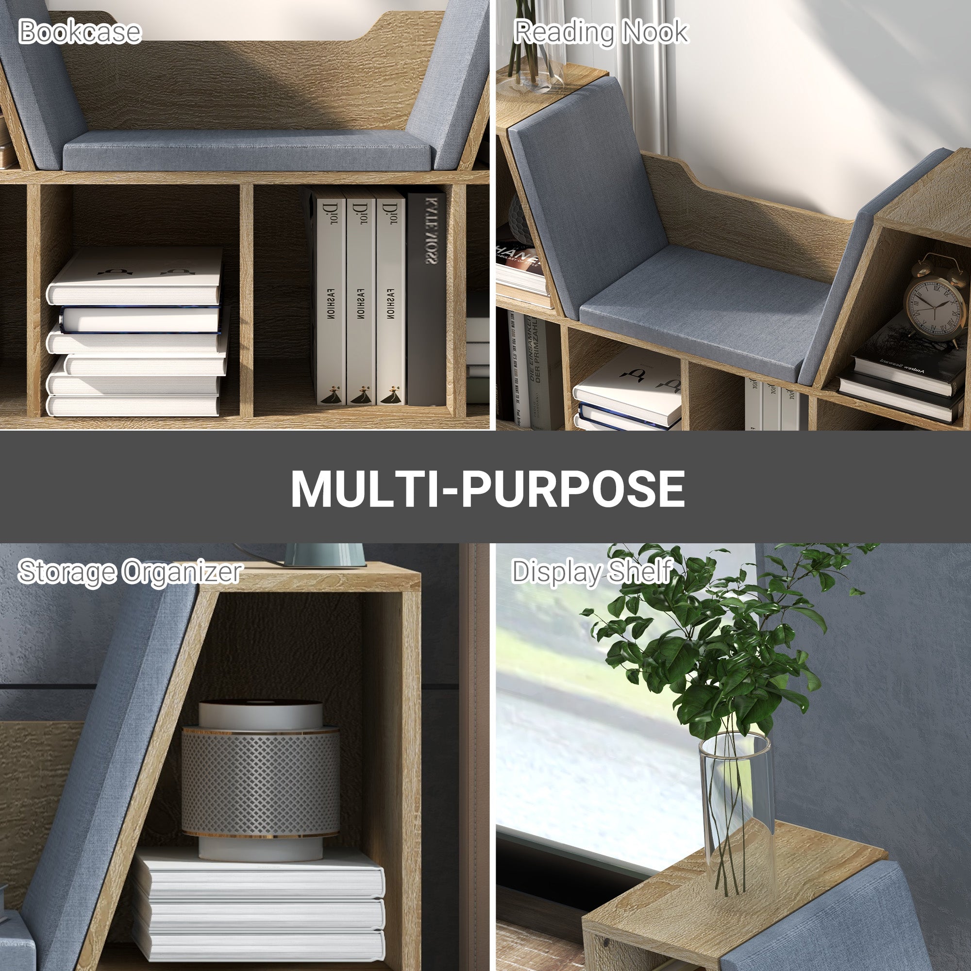 HOMCOM 6-Cubby Bookcase with Seat Cushion, Cube Storage Shelf with Reading Nook for Home Office, Study, Oak