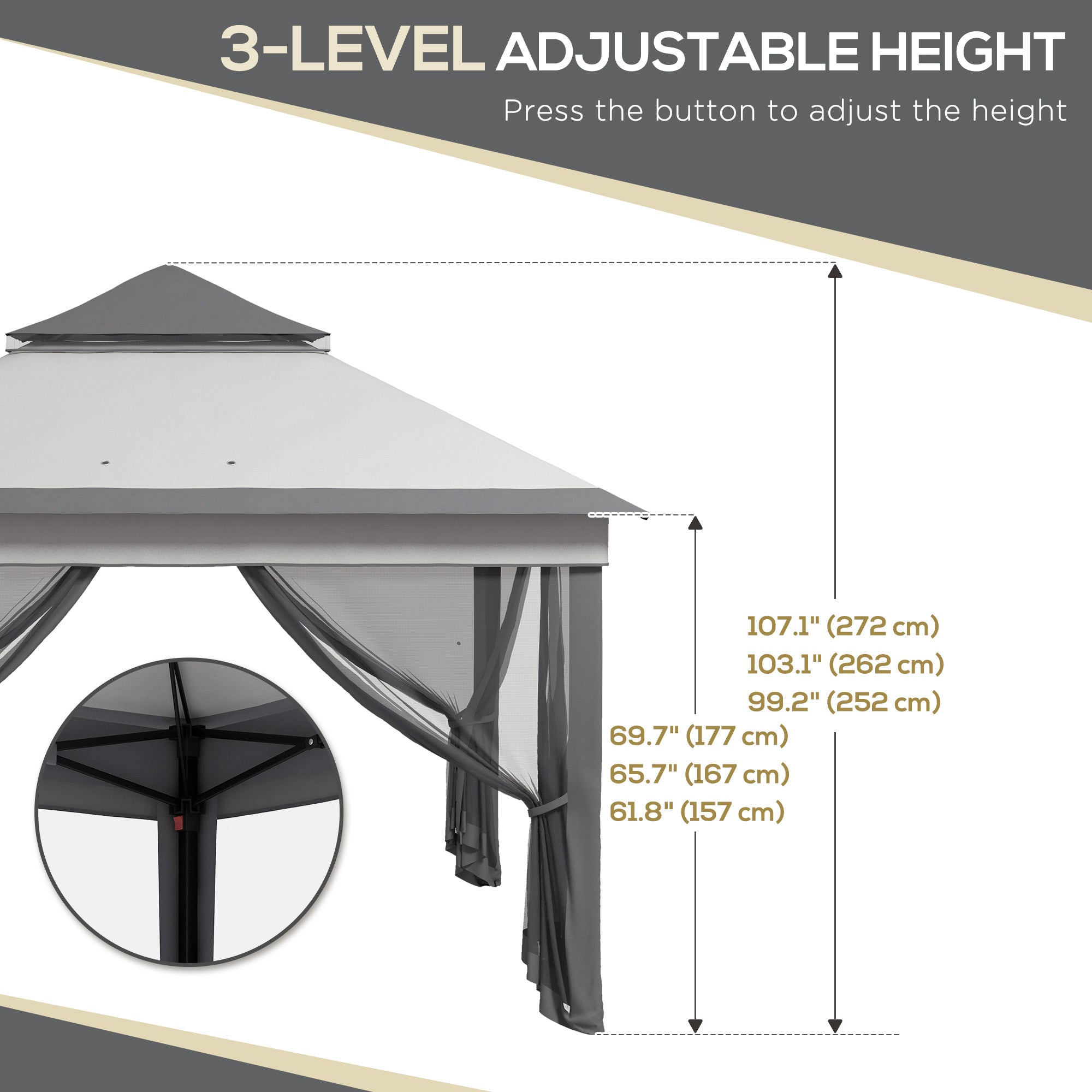 Outsunny 10.7 x 10.7ft Pop Up Gazebo, Adjustable Instant Sun Shelter with UV30+ Roof Cover, Removable Mesh Curtains, Light Grey