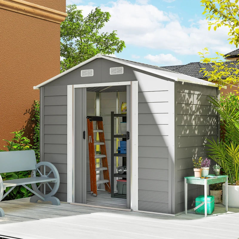 7.7' x 6.5' Outdoor Metal Garden Shed House Hut Gardening Tool Storage with Ventilation, Light Grey