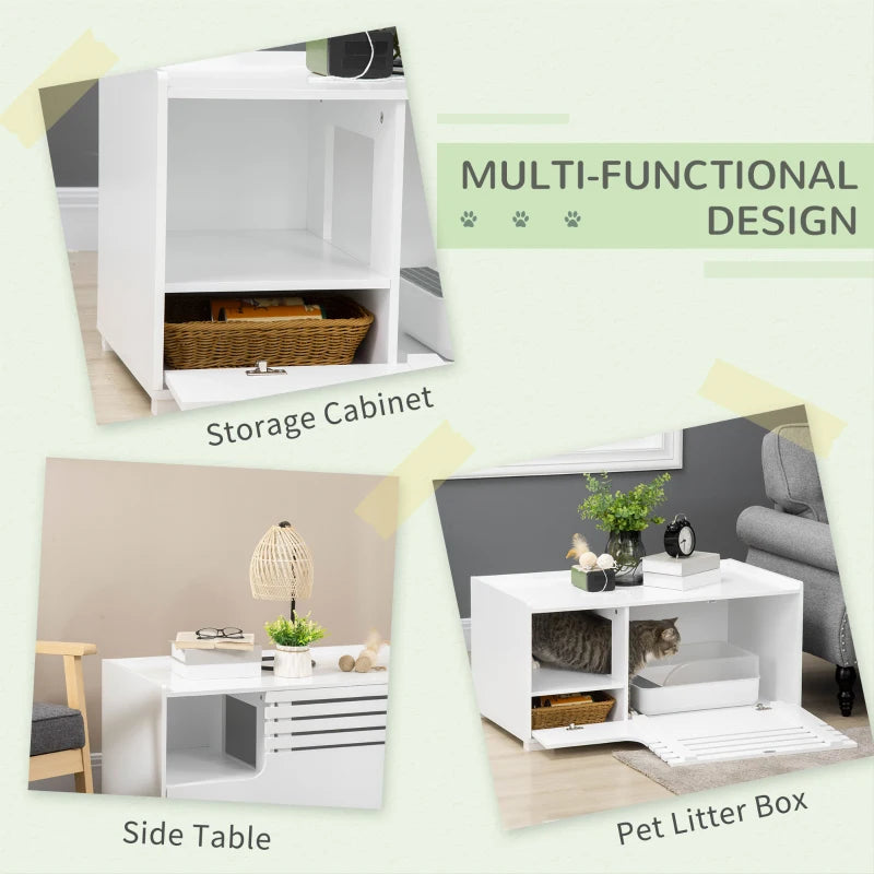 Hidden Cat Litter Box Furniture, Cat Litter Box Enclosure with Storage Compartments and Side Table Function, White