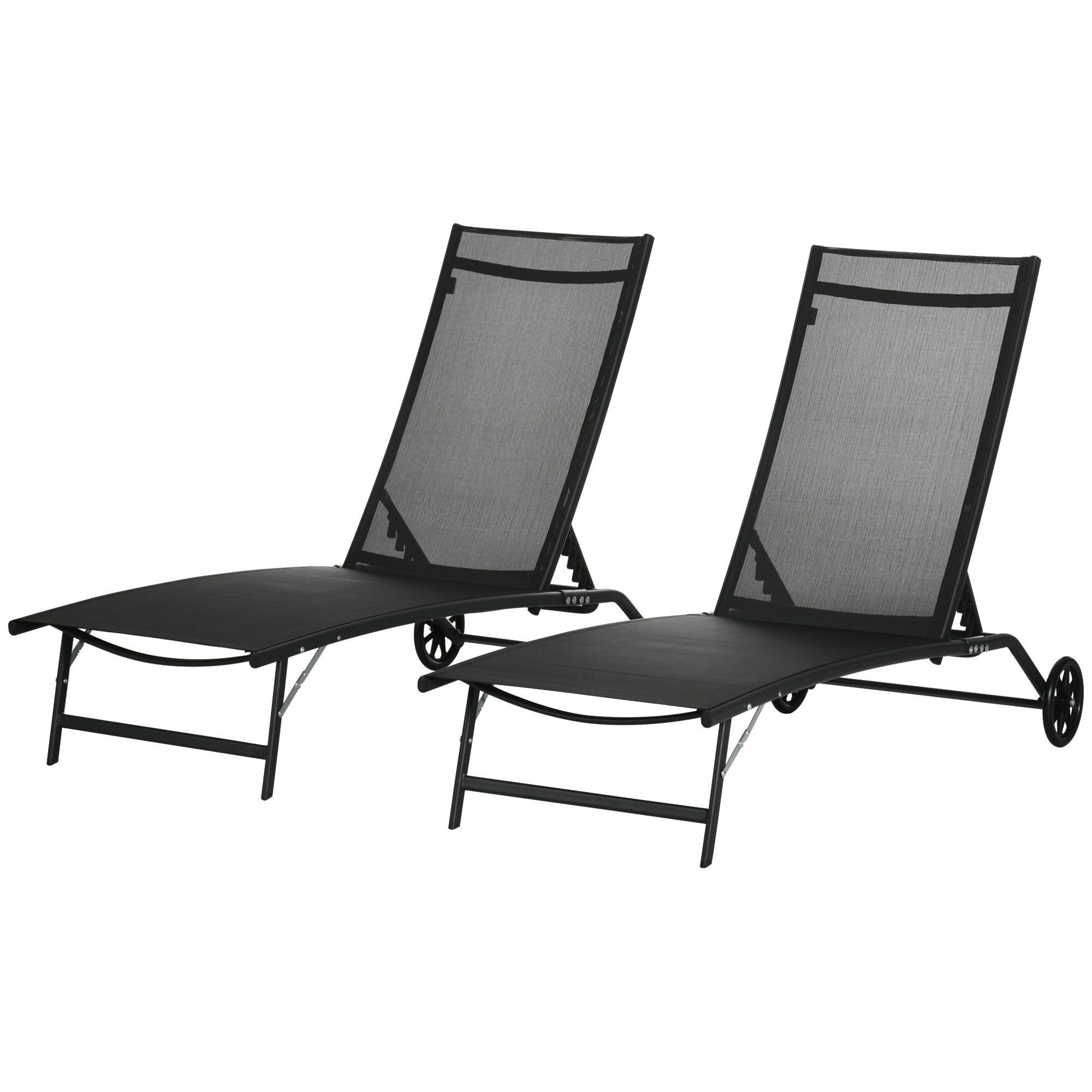 Outsunny 2PC Lounge Chairs w Wheels 5-Level Adjustable Backrest Garden Backyard Patio Poolside Black