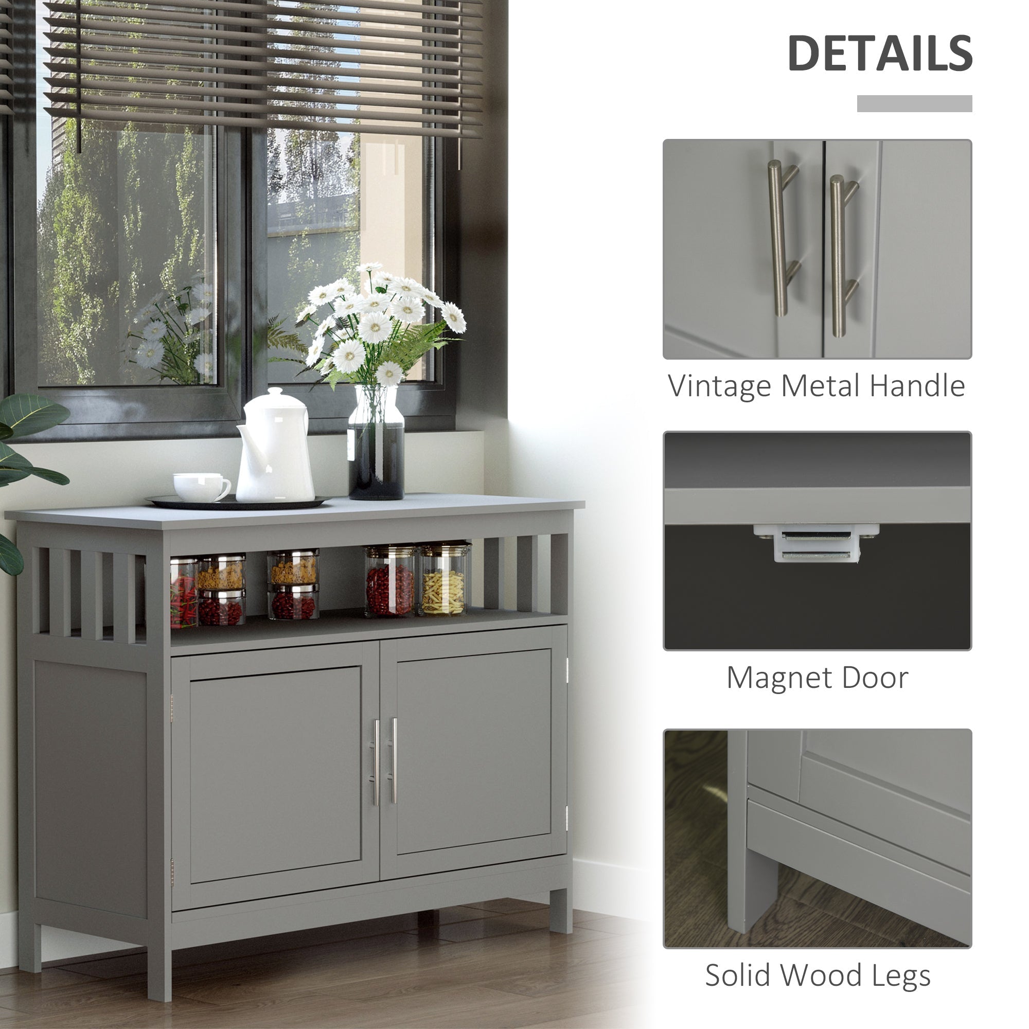 HOMCOM Wooden Storage Console: Kitchen Sideboard Bar Cabinet, Buffet Cabinet with 2-Level Cabinet and Open Shelf, Light Grey
