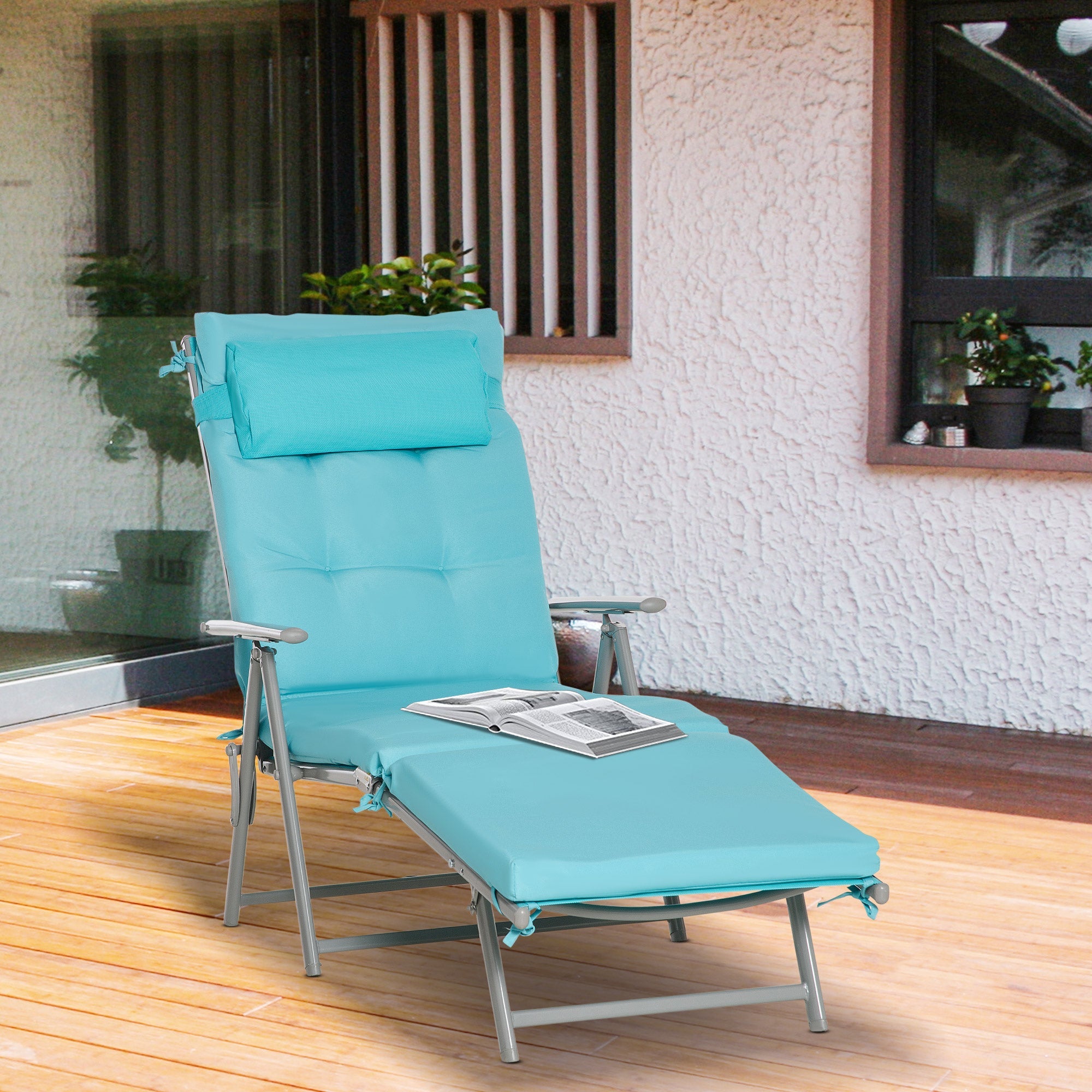 Outsunny Folding Chaise Lounge Outdoor Adjustable Recliner Chair Comfortable Blue Relaxation