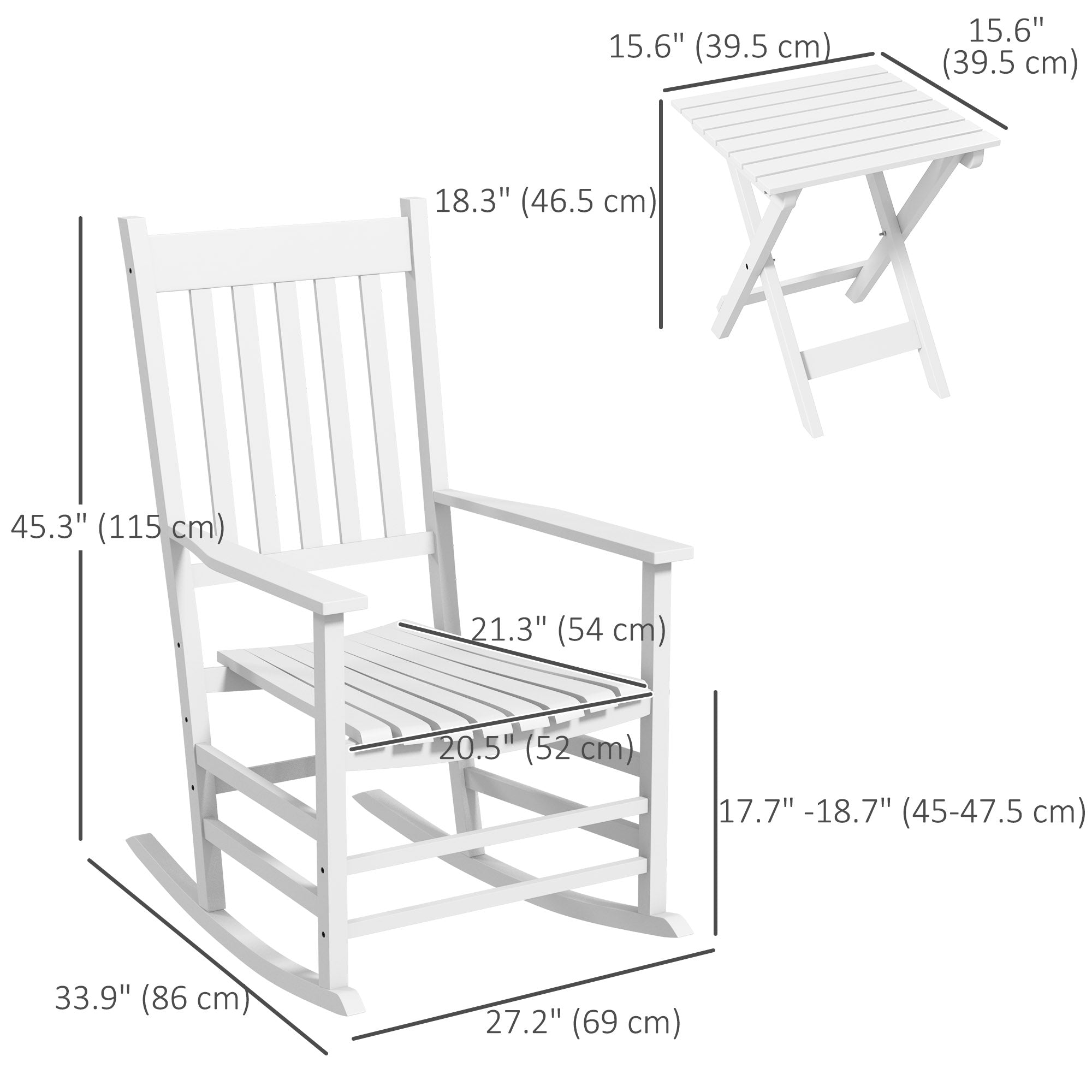 Outsunny 3 Pieces Outdoor Rocking Chair Set, Wooden Patio Rocking Chair Set with Folding Table, High Back and Armrests, White