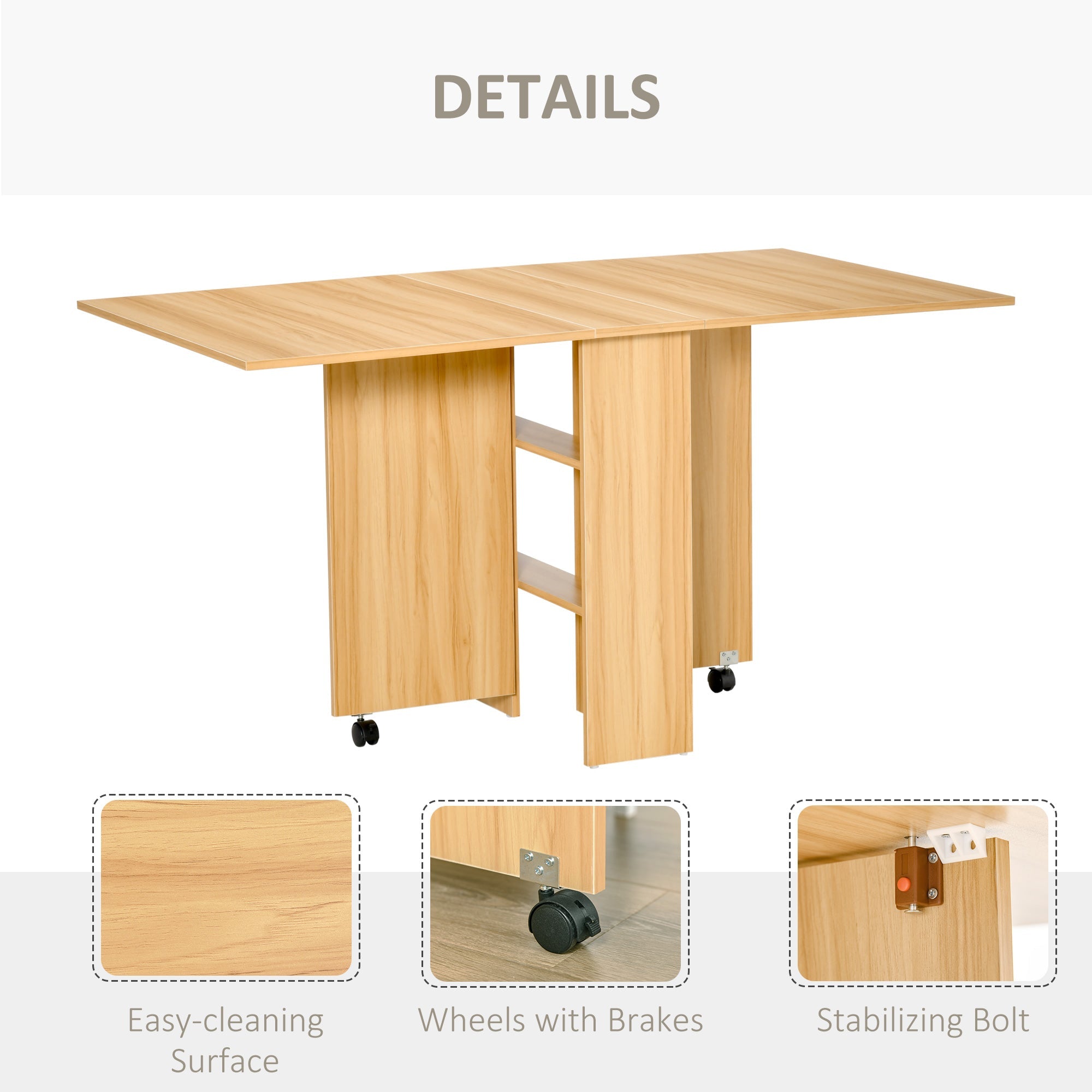 HOMCOM Foldable Drop Leaf Side Table Console Writing Desk with Storage Shelves 2 Wheels for Kitchen Teak Finish