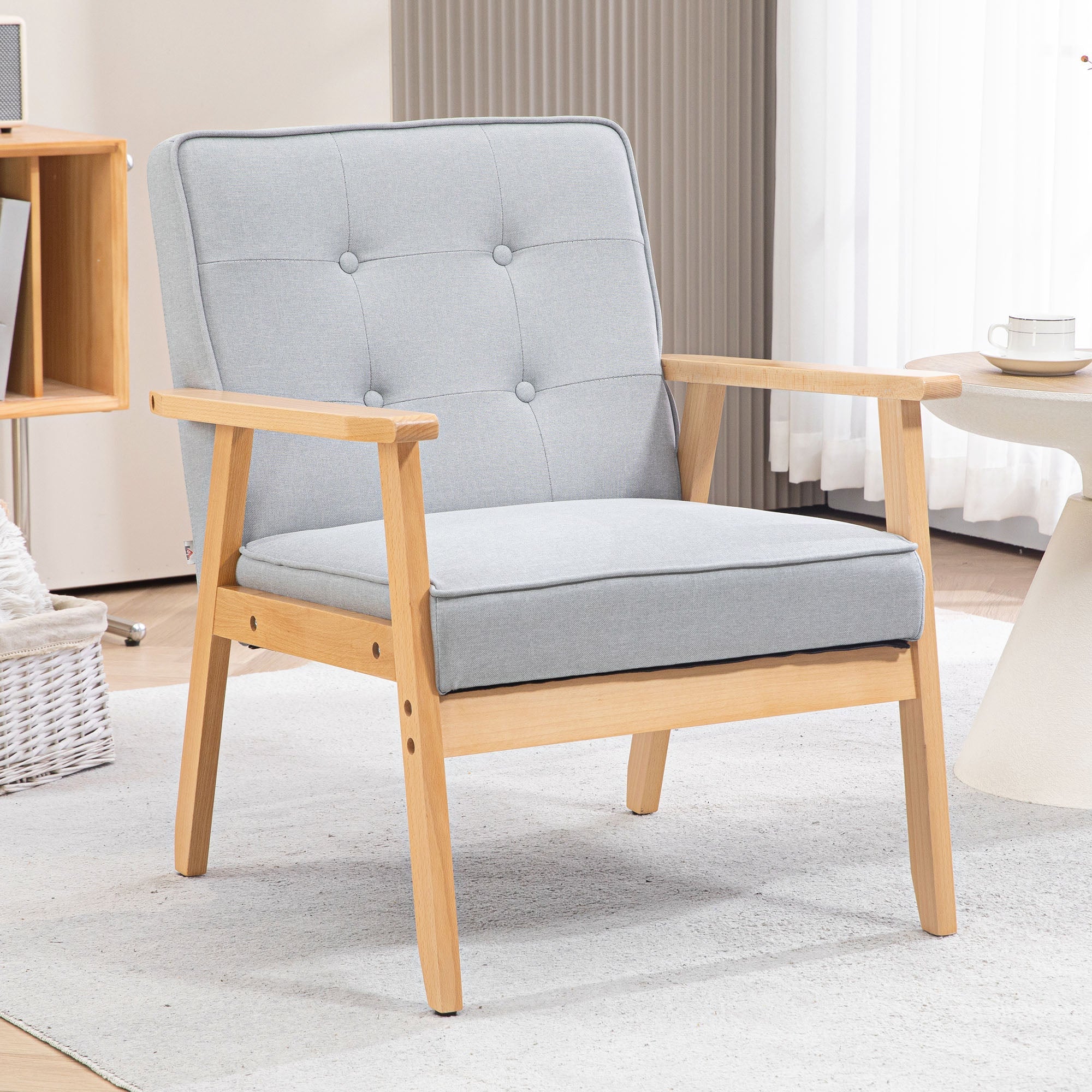 HOMCOM Modern Light Grey Fabric Accent Chair with Tufted Back Wood Legs Thick Padding for Living Room Bedroom