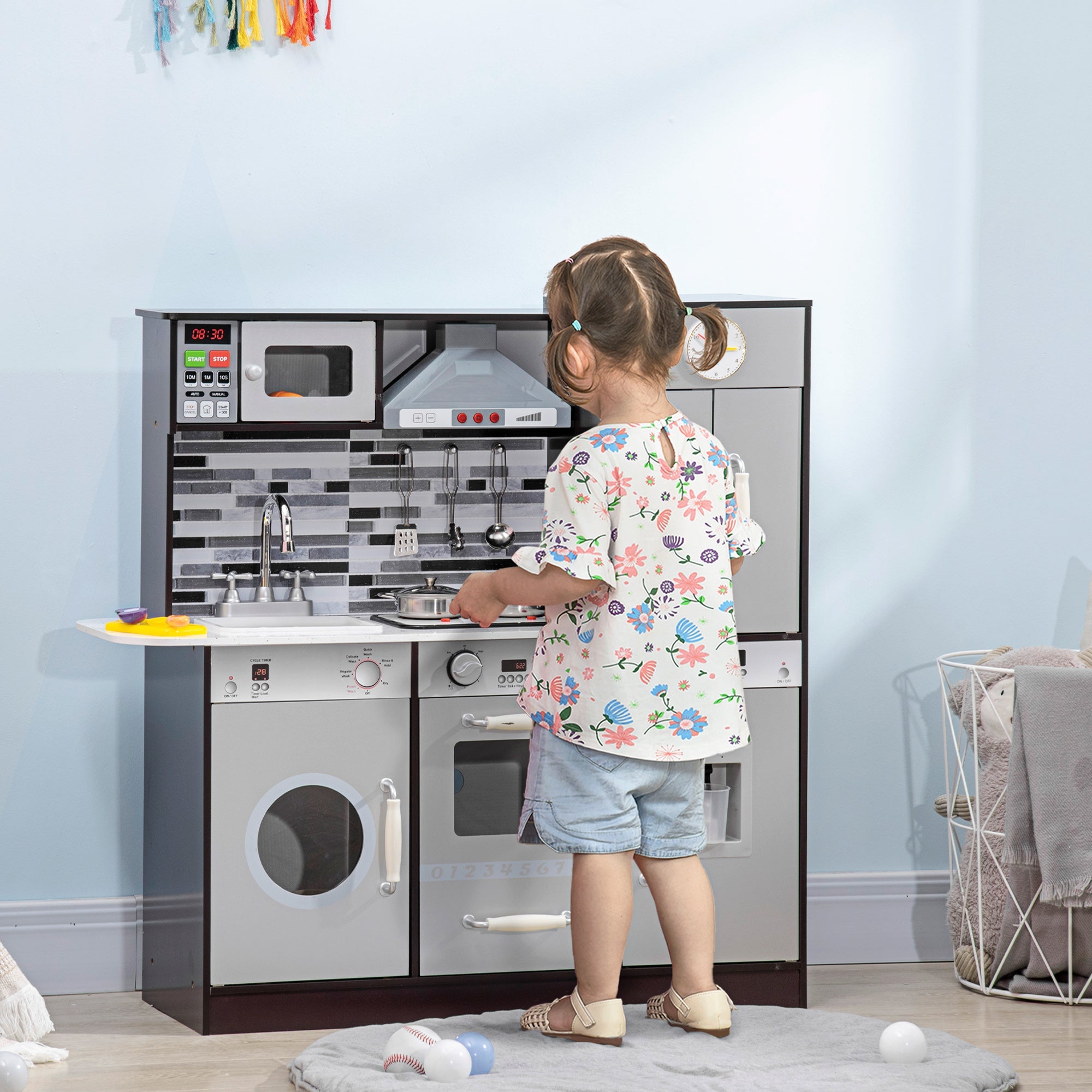 Qaba Wooden Play Kitchen with Lights Sounds, Kids Kitchen Playset with Washing Machine, Water Dispenser, Microwave, Range Hood