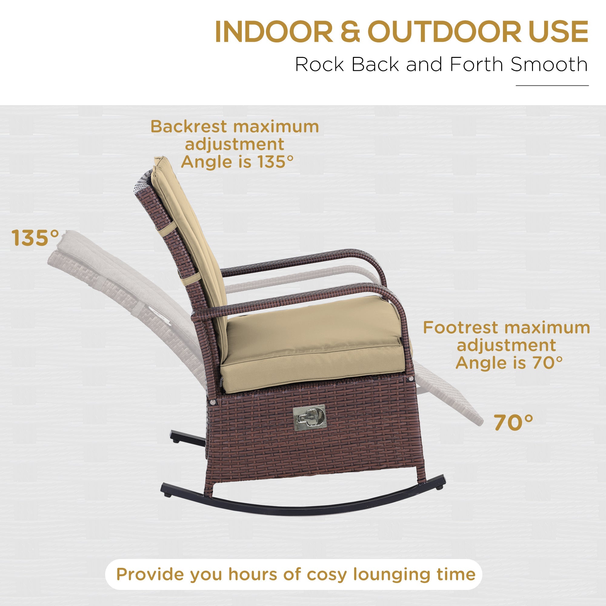 Outsunny Wicker Rocking Chair Outdoor Patio PE Rattan Recliner with Cushion Adjustable Footrest Khaki
