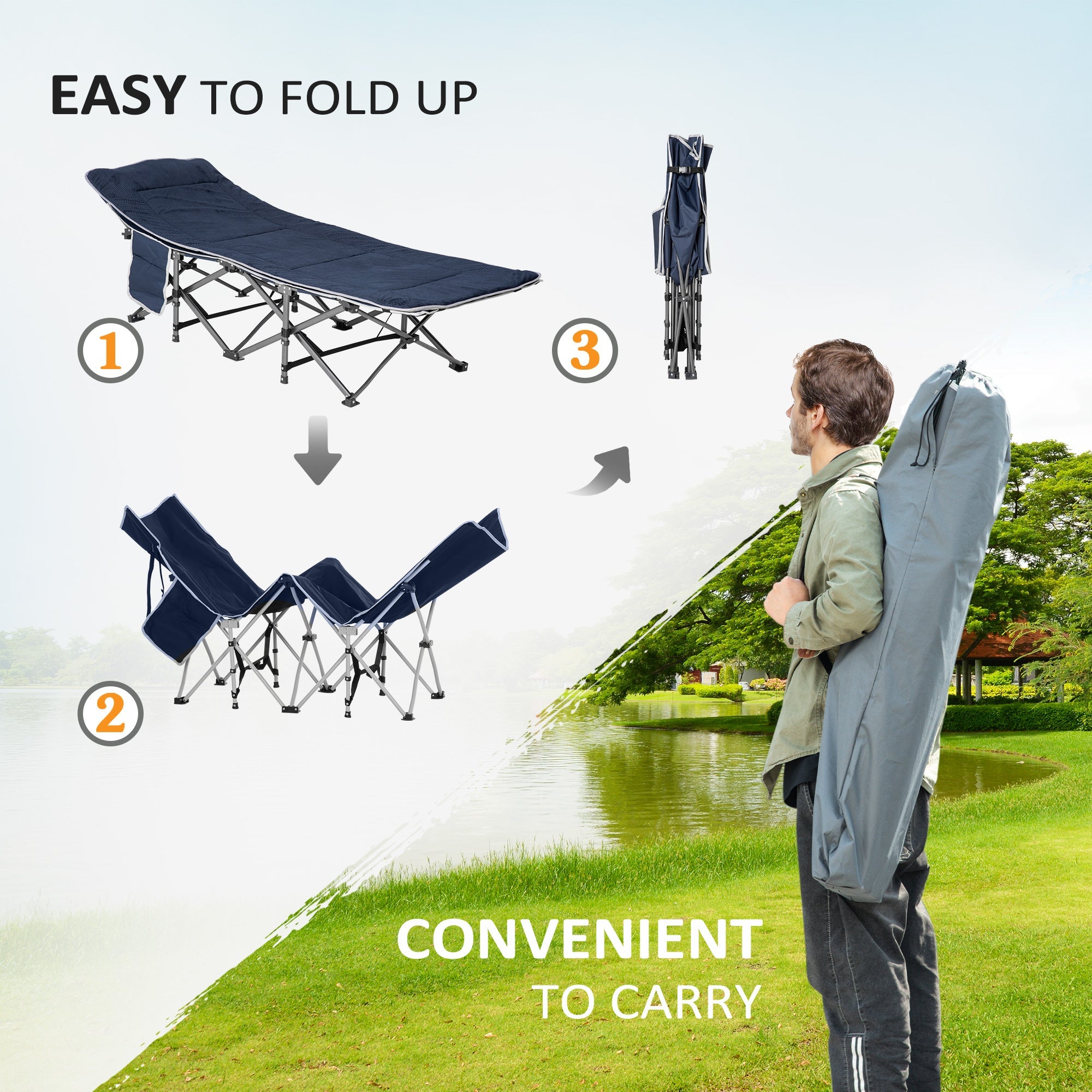 Outsunny Folding Camping Cot for Adults with Mattress Pillow Double Layer Oxford Heavy Duty Sleeping Cot Carry Bag Blue