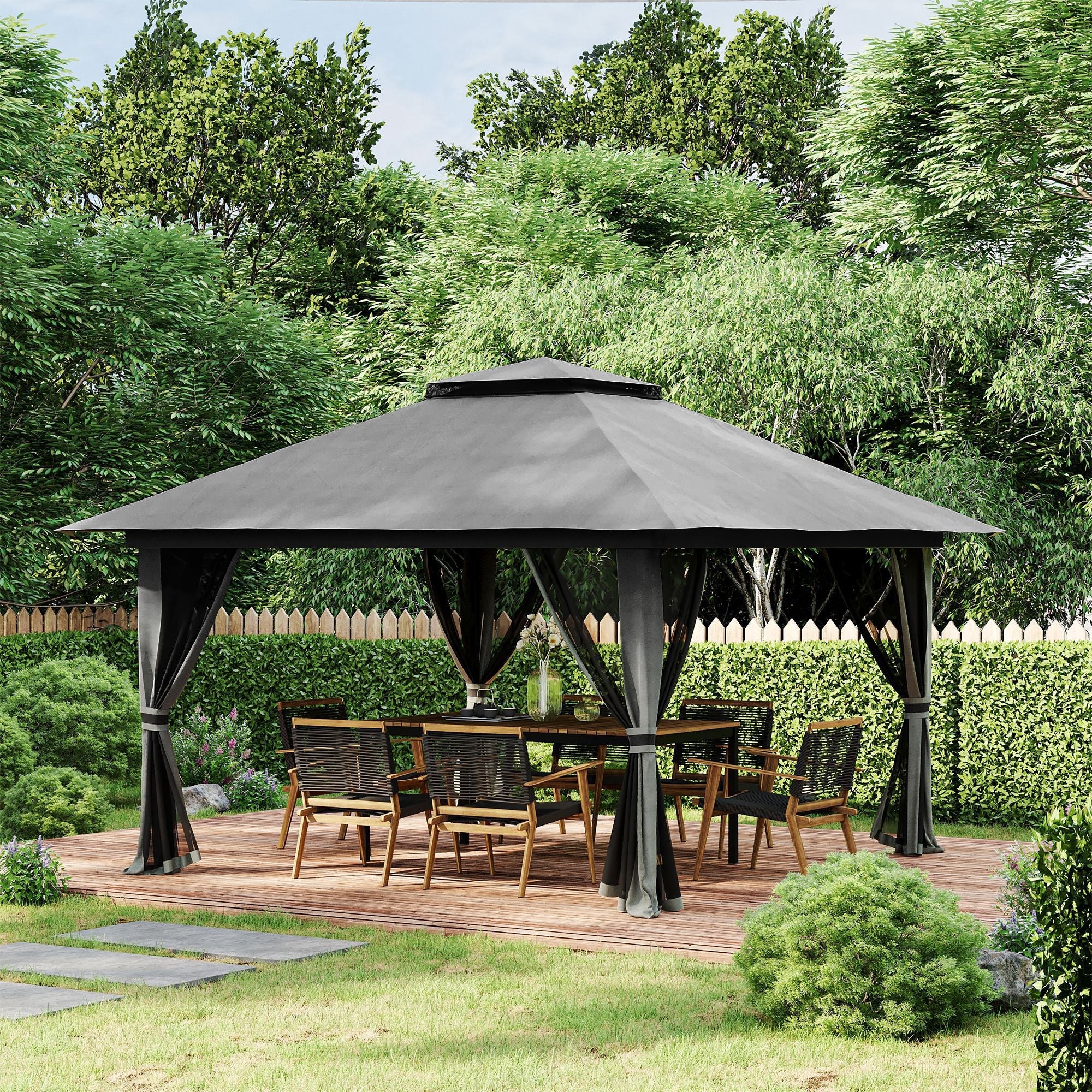 Outsunny 13 x 13ft Pop Up Gazebo, 2-Tier Roof Portable Canopy with Carry Bag for Garden & Patio, Grey