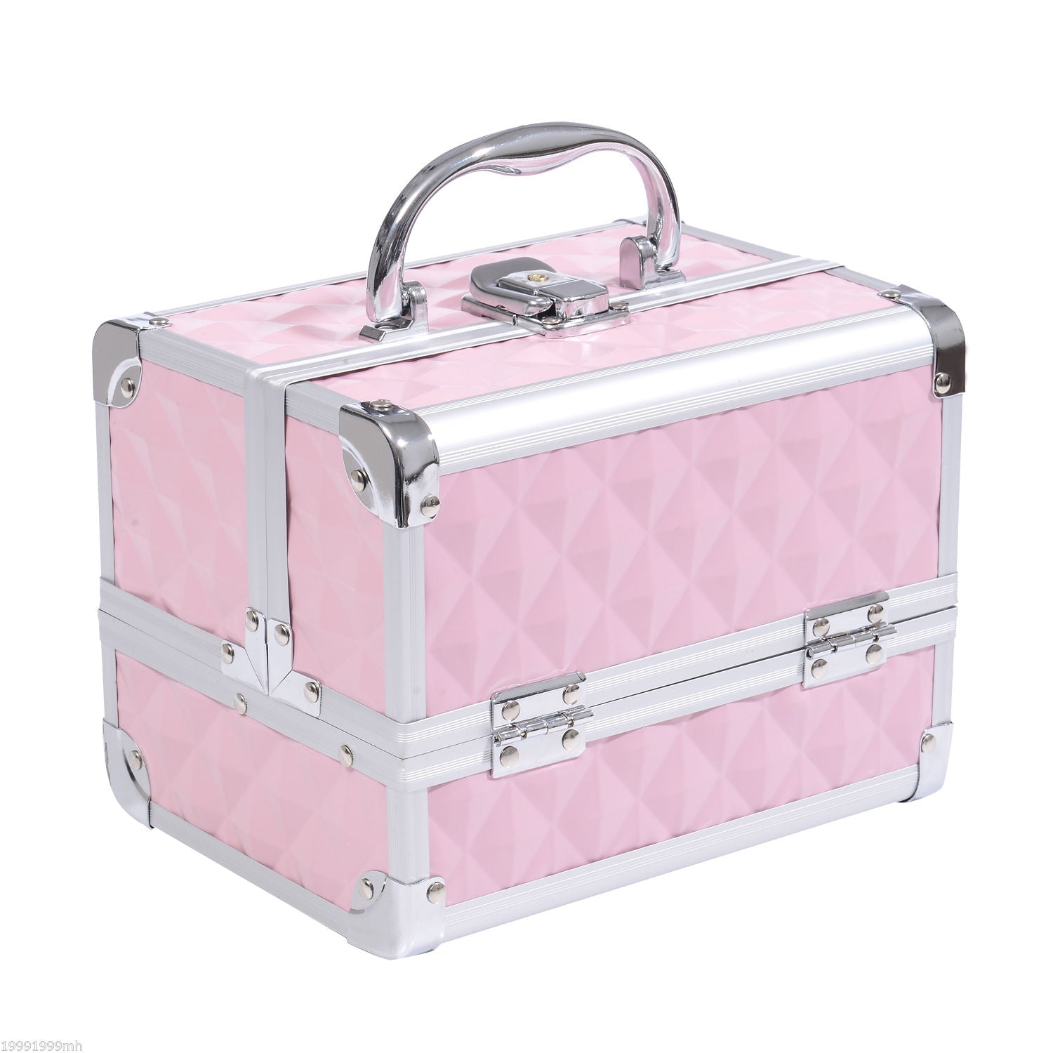 HOMCOM Cosmetic Train Case 3 Tier Diamond Texture Organizer with Mirror Portable Pink 8"x6"x6"