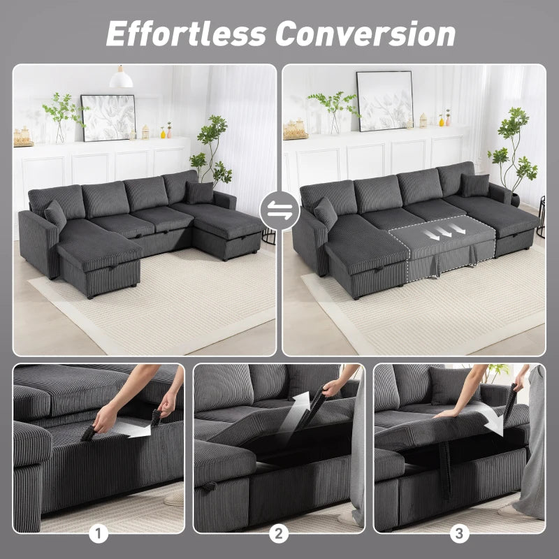 U-Shaped Convertible Sofa Bed with Storage Chaises – Dark Grey Corduroy Sleeper Couch with Pocket Springs & Pillows