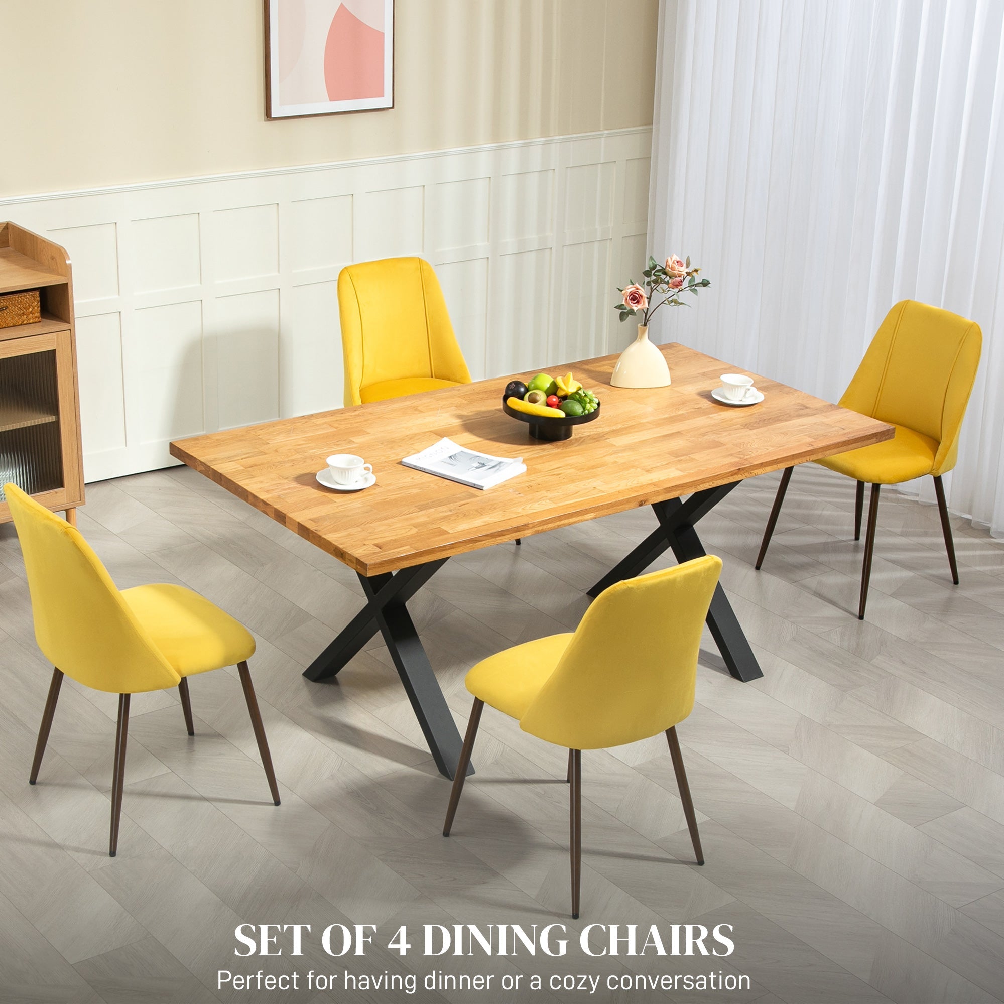 HOMCOM Upholstered Dining Chairs Set of 4, Velvet Accent Chair with Back and Wood-grain Steel Leg for Kitchen, Yellow
