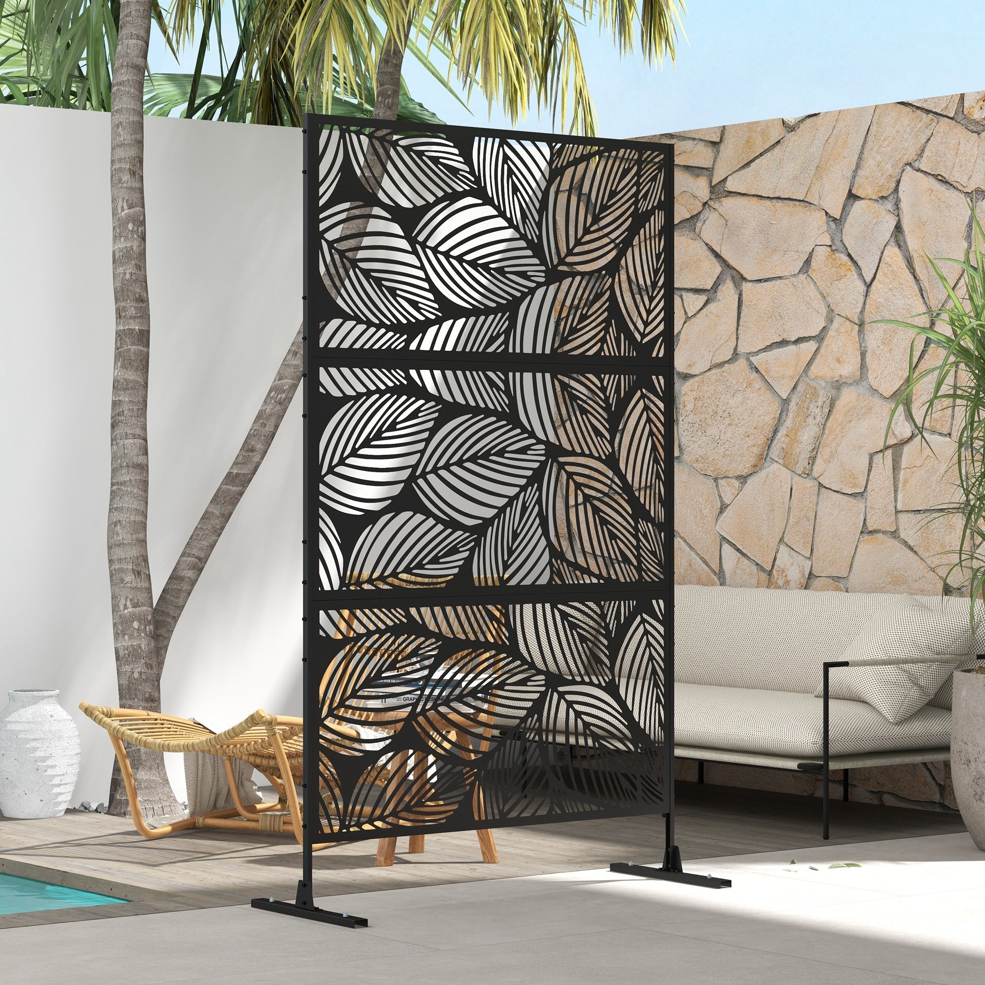 Outsunny 6.5FT Metal Privacy Screen, Decorative Outdoor Divider with Leaf Design, Black - Add Privacy & Style