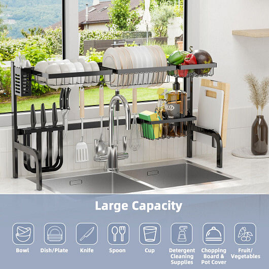 2 Tier Adjustable Over Sink Dish Drying Rack with 8 Hooks - Free Shipping