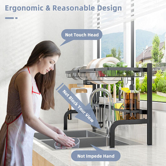 2 Tier Adjustable Over Sink Dish Drying Rack with 8 Hooks - Free Shipping