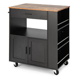 Rolling Kitchen Trolley with 3 Spice Racks Drawer and Open Shelf-Black - Free Shipping