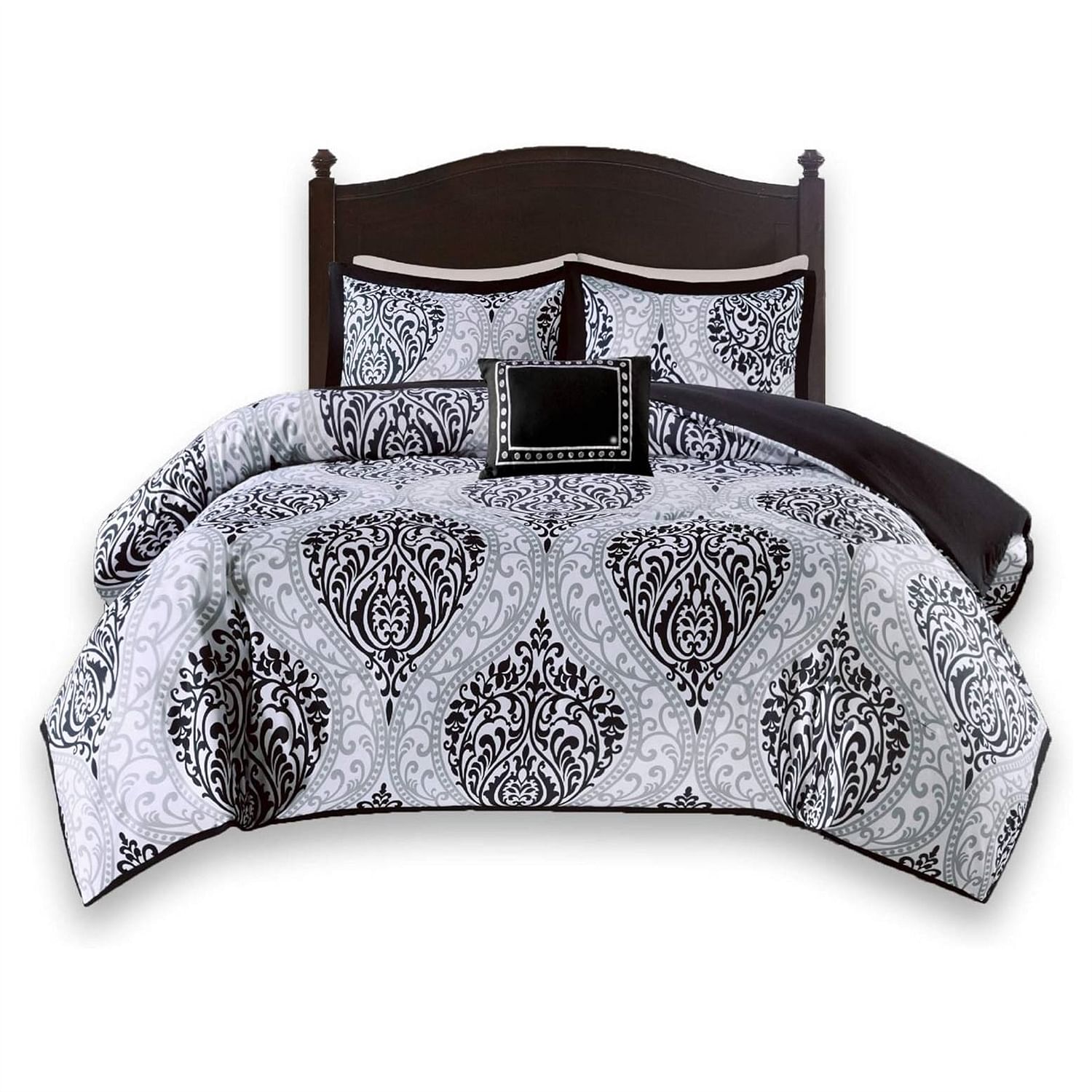 King/California King 4-Piece Black White Damask Comforter Set with Accent Pillow - Free Shipping