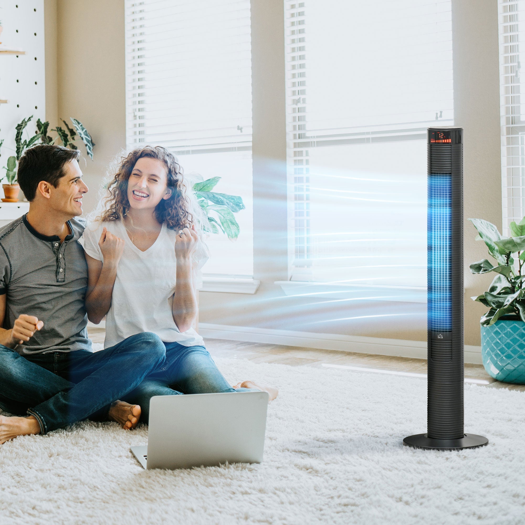 HOMCOM Tower Fan Freestanding Cooling 3 Speed Oscillating 12h Timer LED Remote Black for Home Bedroom