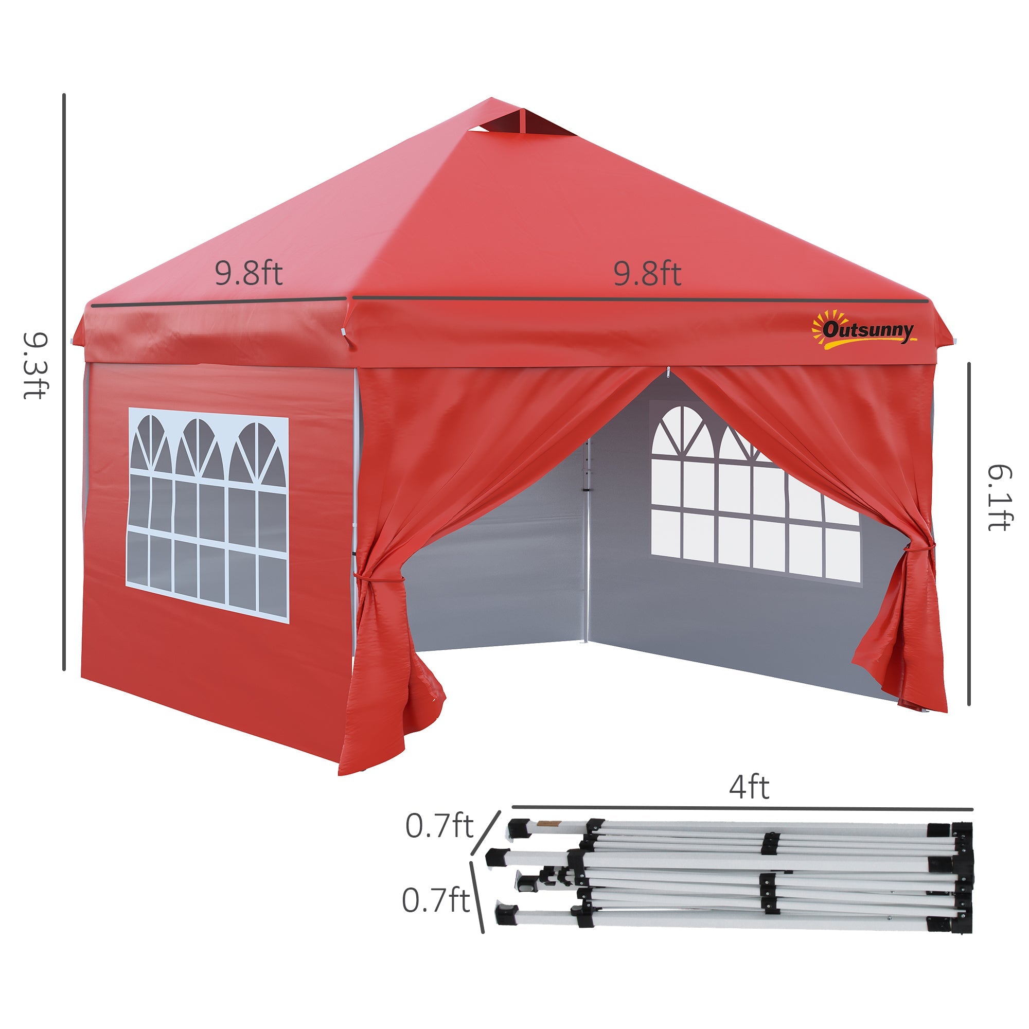 Outsunny 10' x 10' Pop Up Canopy Tent, Instant Shelter Tent with Sidewalls, Windows, Roller Bag and Sand Bags for Garden, Patio, Red