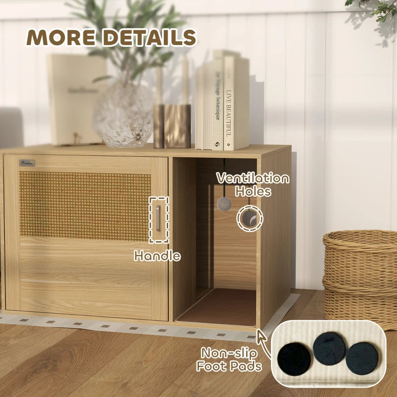 Cat Litter Box Enclosure, Cat Washroom End Side Table with Rattan Door, Scratching Pad, Non-slip Foot Pads, Oak
