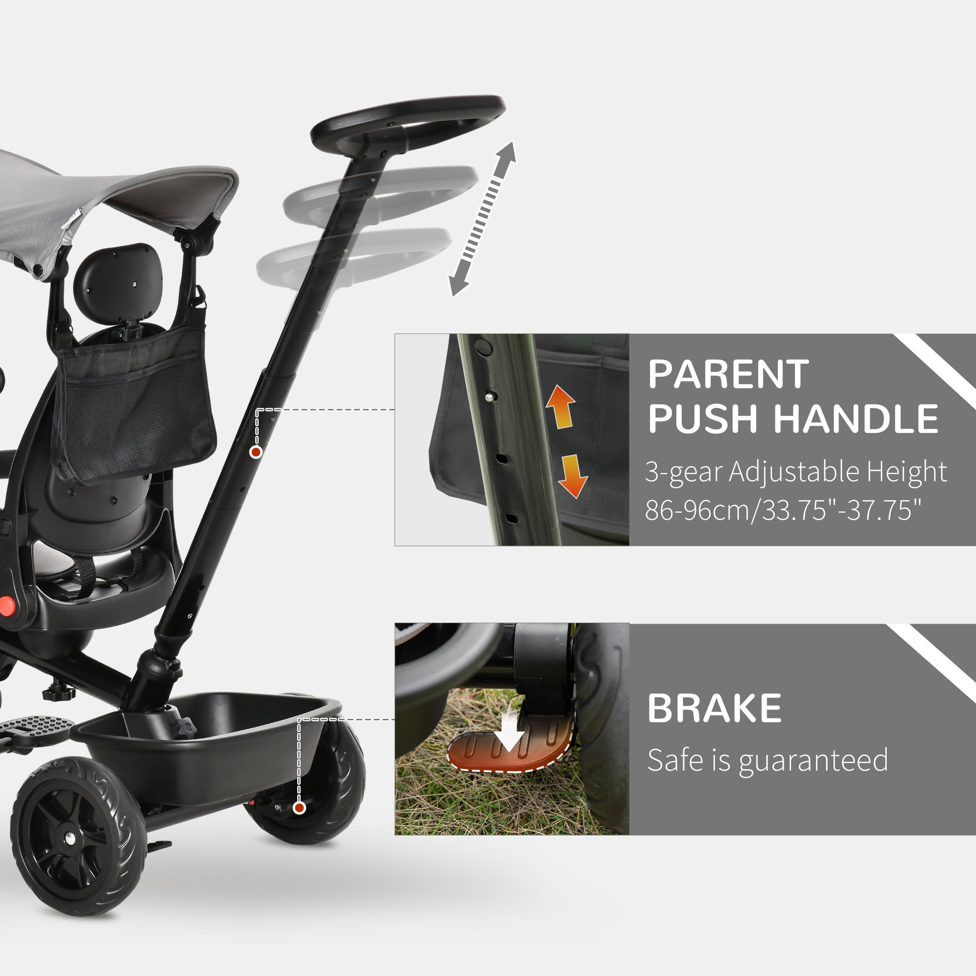 Aosom Qaba Baby Tricycle 4 In 1 Stroller Reversible Seat Adjustable Footrest Brake Clutch Grey