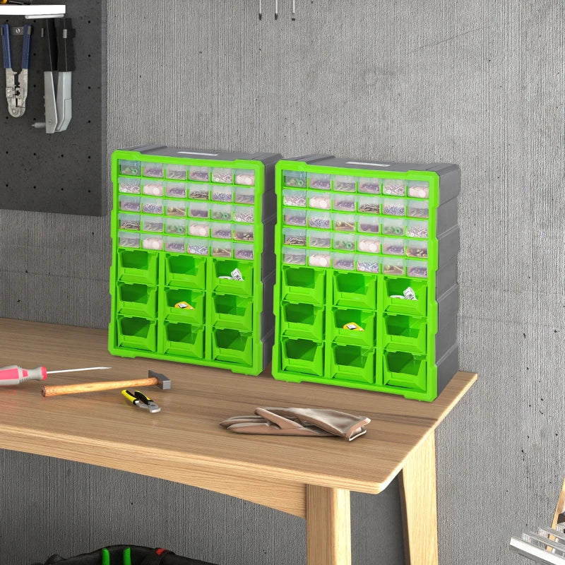 Plastic 39 Drawer Parts Organiser Wall Mount Storage Cabinet for Small Nuts Bolts Tool Set of 2 Green