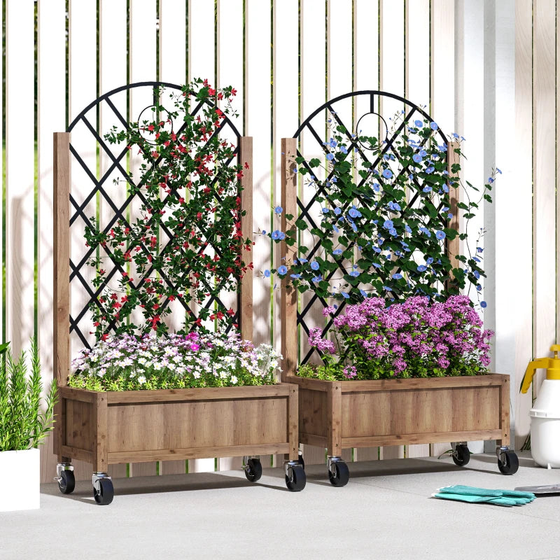 Raised Garden Bed with Metal Trellis, Elevated Planter Box with Wheels and Drainage Holes, 20.5" x 9.8" x 38.2", Brown