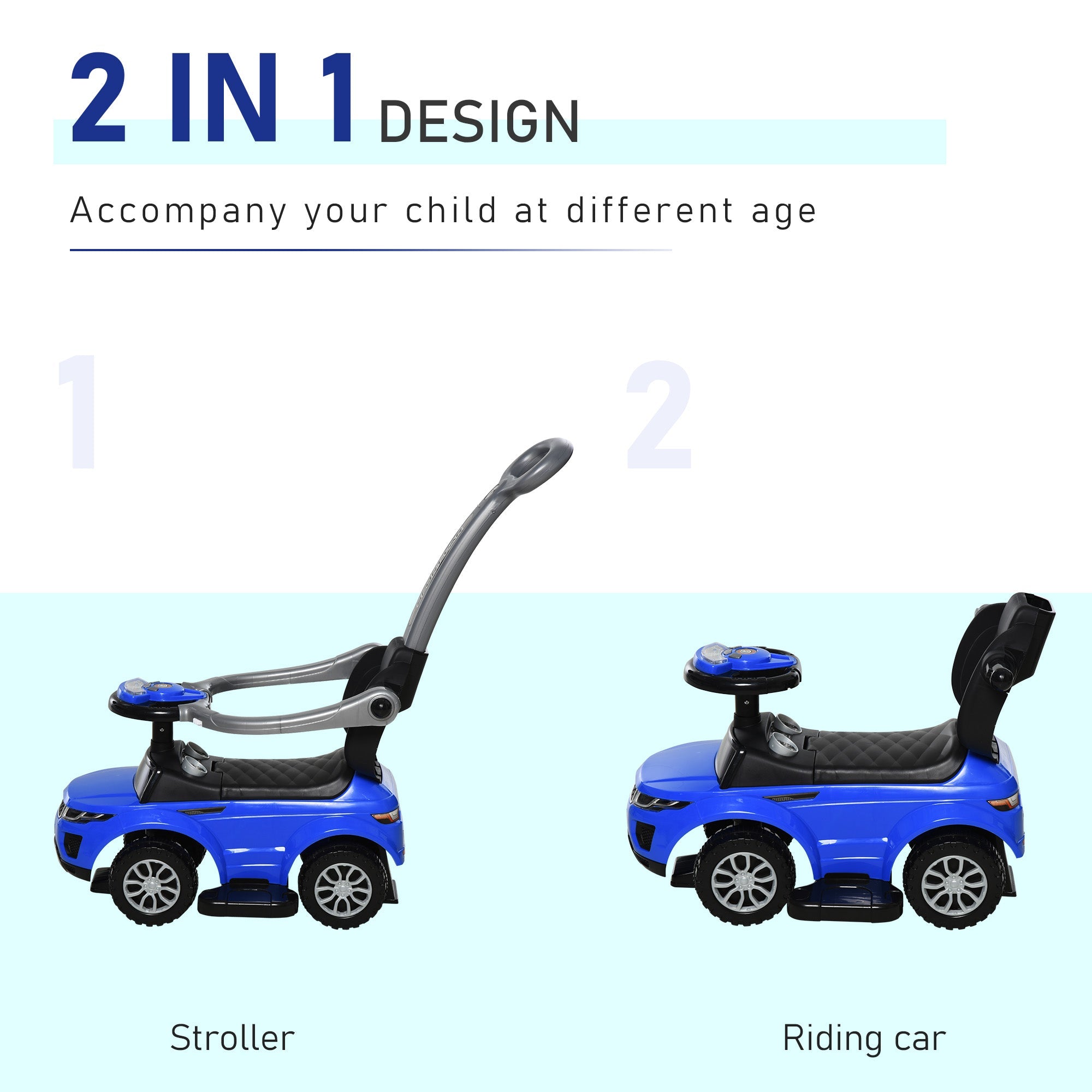 Aosom 3 In 1 Kid Ride on Push Car Stroller Sliding Walking Car with Horn Music Light for 1-3 Years Old Blue