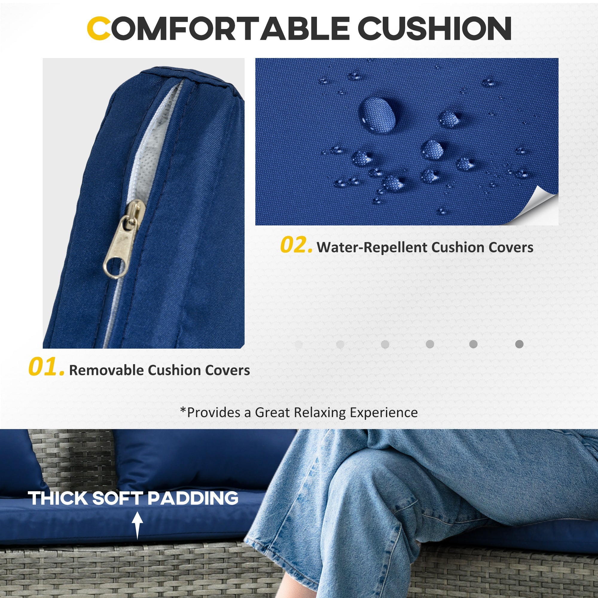 Outsunny 5-Piece Navy Blue Wicker Patio Dining Set, Outdoor Conversation Furniture with Cushions, Table, Ottomans