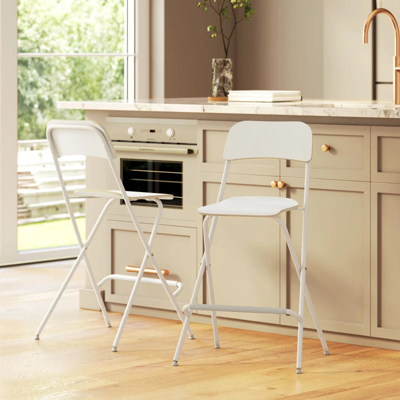 Folding Bar Stools Set of 2, Counter Height Foldable Stool with Wooden Effect Seat and Steel Frame for Kitchen, White