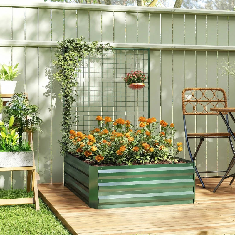 Galvanized Raised Garden Bed with Trellis for Climbing Plants, Outdoor Planter Box with Open Bottom, Green
