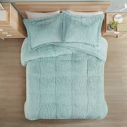 King/CAL King Soft Sherpa Faux Fur 3-Piece Comforter Set in Light Teal Blue - Free Shipping