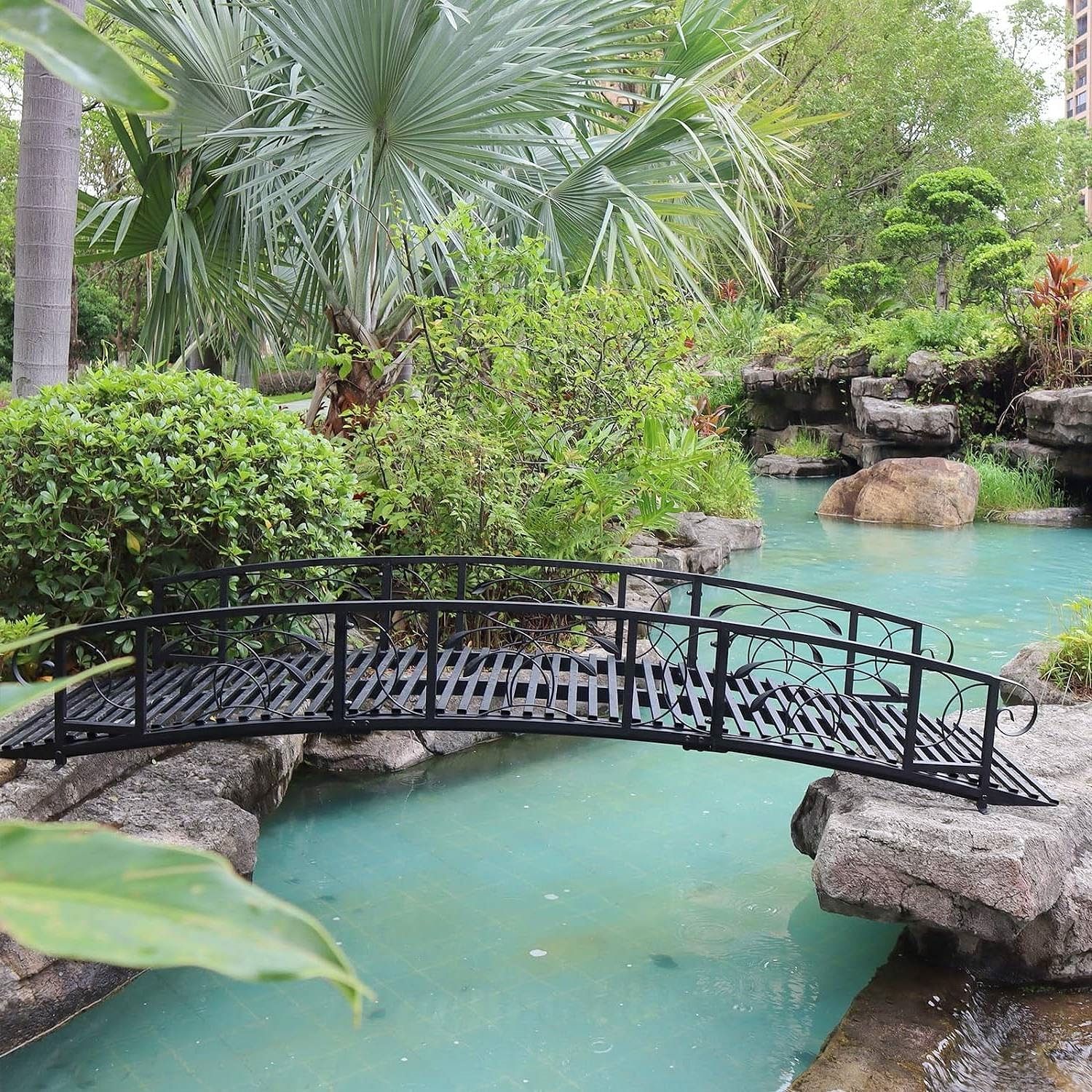 Outdoor 8-Ft Heavy Duty Black Metal Arch Garden Bridge with Side Rails - Free Shipping